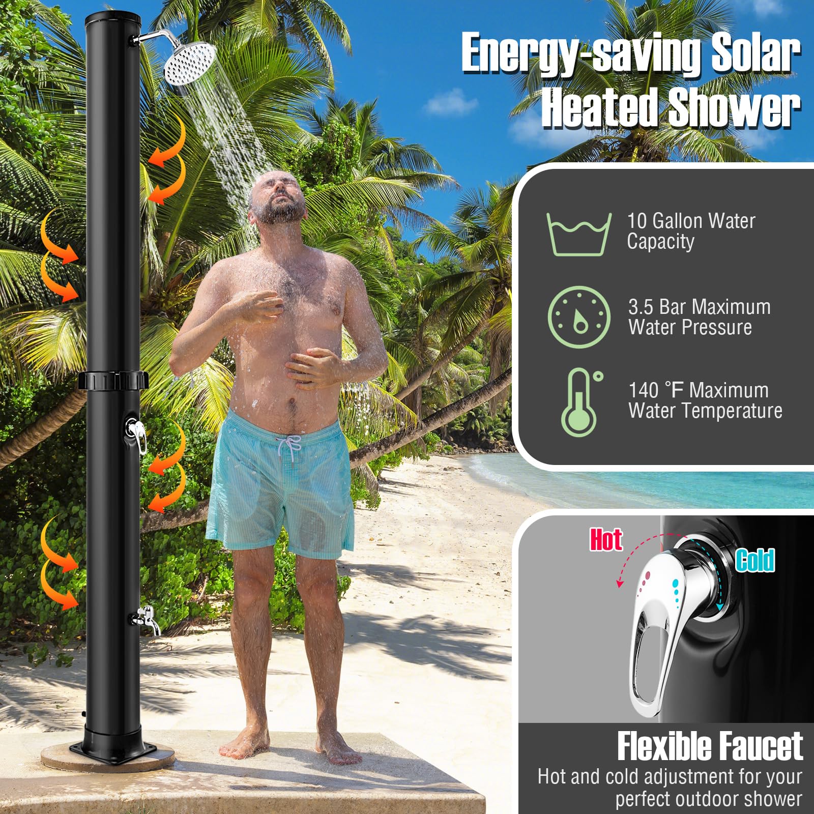 Goplus 10 Gallon Solar Heated Outdoor Shower - 7.2 FT Freestanding Garden Pool Shower with Rotating Shower Head, Temperature Control & Foot Wash - Perfect for Backyard, Beach, Camping & RV Use (Black)