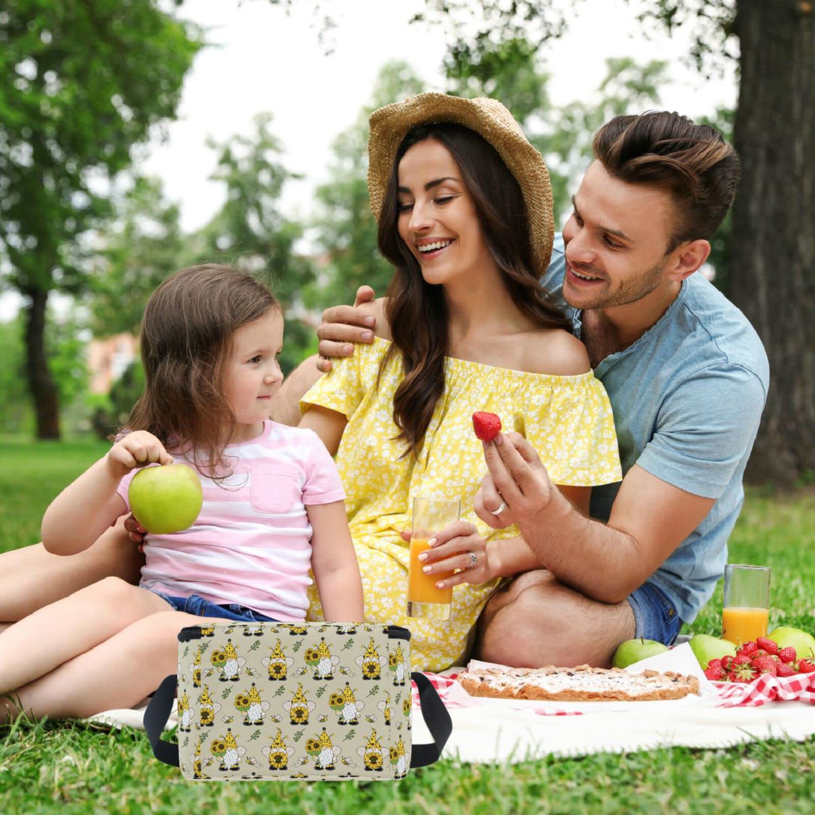 Insulated Lunch Bag Cooler with Gnome Sunflower Bee Design - Reusable Lunch Box for School, Office, Travel & Picnic - Perfect for Women, Men & Kids - Keep Food Fresh for Hours