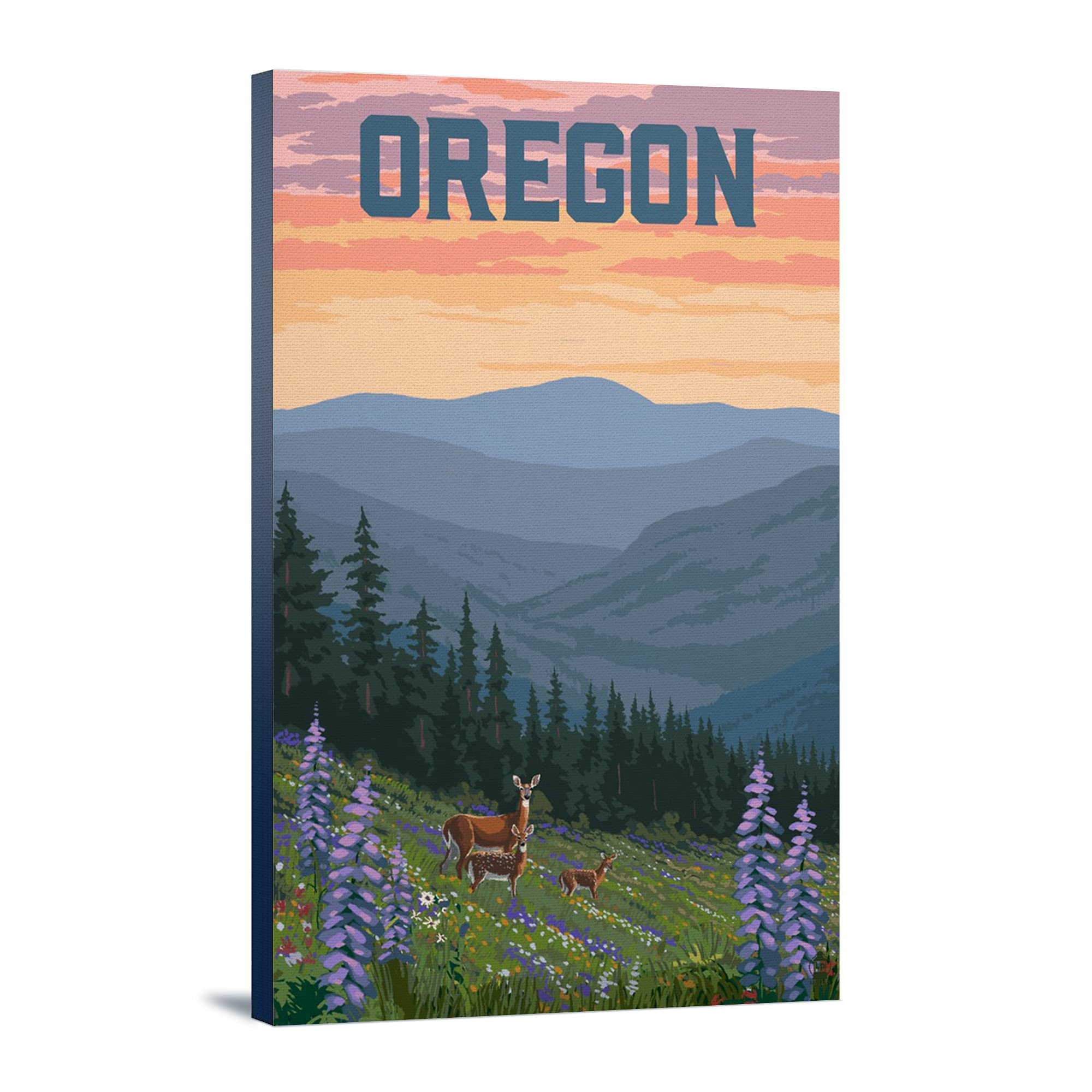 Oregon Deer and Spring Flowers Wall Art - 24x36 Inch Gallery Wrapped Canvas Painting for Living Room, Bedroom, Office Decor
