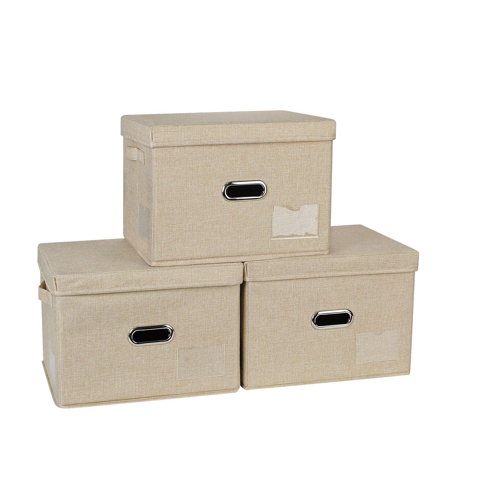 Foldable Storage Boxes with Lids - 3 Pack Collapsible Linen Fabric Bins with Carry Handles & Transparent Slot Design | Perfect for Home, Bedroom, Office, Kids Room, Closet & Nursery Organization (Khaki)