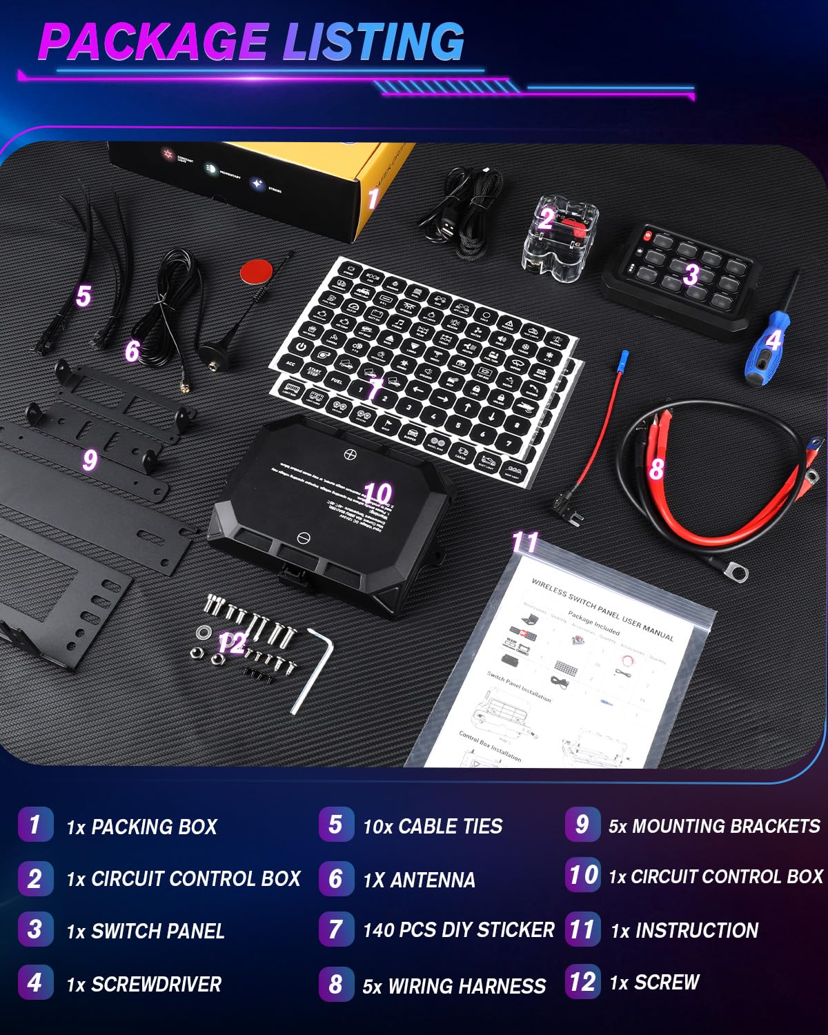 12 Gang Wireless Switch Panel Remote Control - 165FT Range, 5-Level Brightness, Solid State Relay - for Off-Road Trucks, SUVs, UTVs & RVs | Perfect for Camping, Overlanding & Vehicle Customization