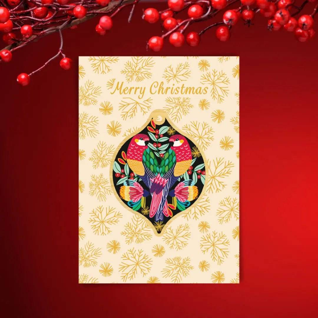 Rosella Birds Christmas Card & Wooden Ornament - Festive Holiday Greeting Card with Handcrafted Wooden Bauble for Christmas Tree Decorations & Gift Giving