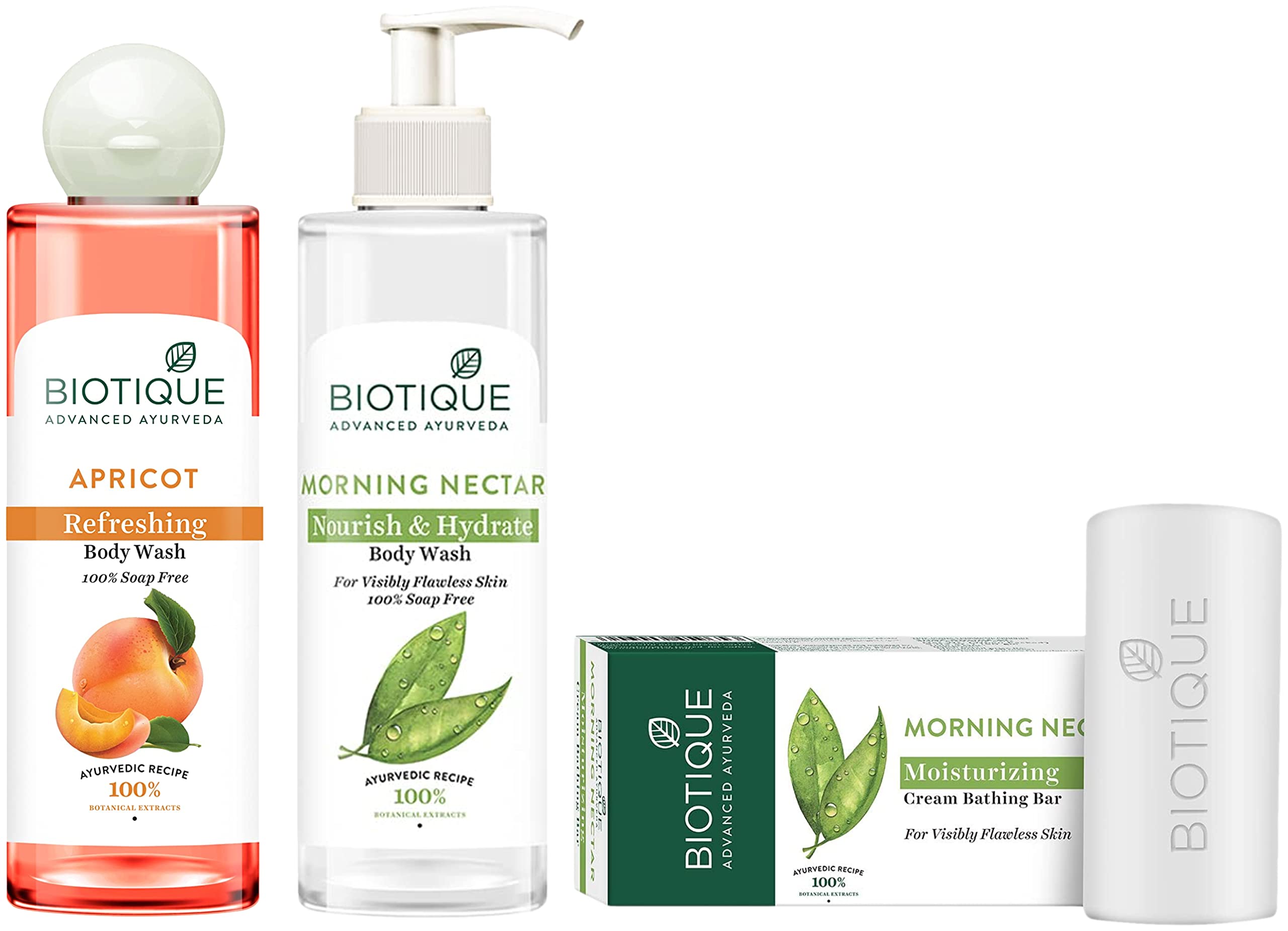 Biotique Morning Nectar Nourishing Hydrating Body Wash for Flawless Skin 200ml | Apricot Refreshing Body Wash 200ml | Bio Morning Nectar Bathing Bar 150g - Daily Skincare Routine for Soft & Glowing Skin