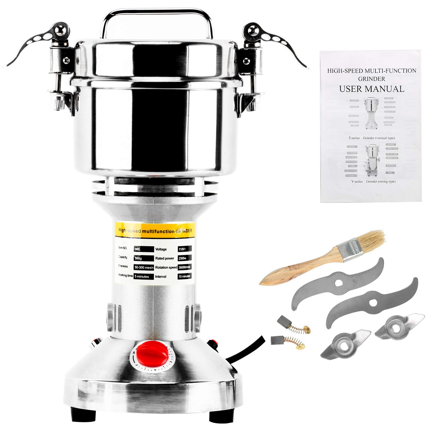 500g Commercial Electric Grain Mill Grinder - 2500W High-Speed Stainless Steel Powder Machine for Spices, Herbs, Coffee & Pepper - 70-300 Mesh, 36000 RPM - Perfect for Home Kitchens, Bakeries & Coffee Shops