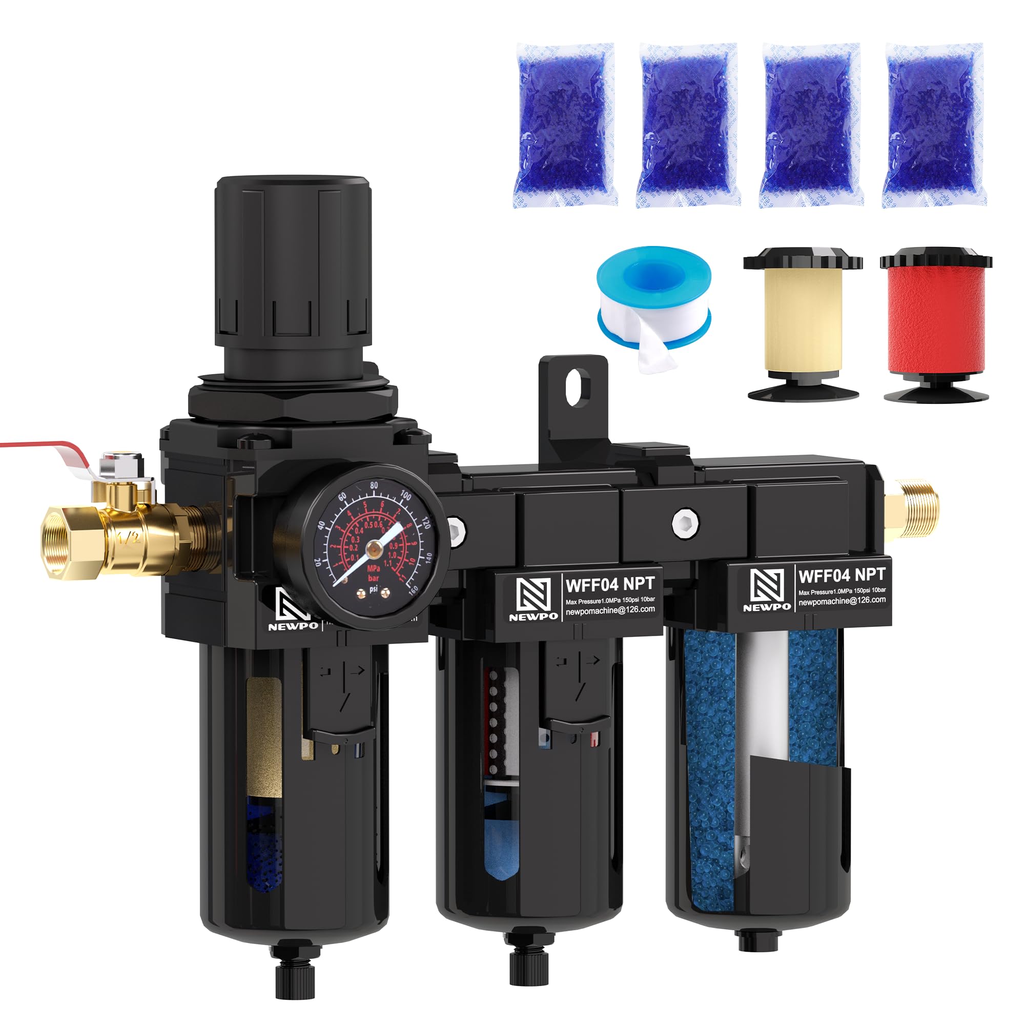 1/2 Inch NPT 3-Stage Air Compressor Dryer System with Pressure Regulator, 5 & 0.01 Micron Filter Cartridge, Desiccant Dryer & Metal Bowl Manual Drain - Black | for Industrial Pneumatic Tools, Spray Painting & Automotive Applications