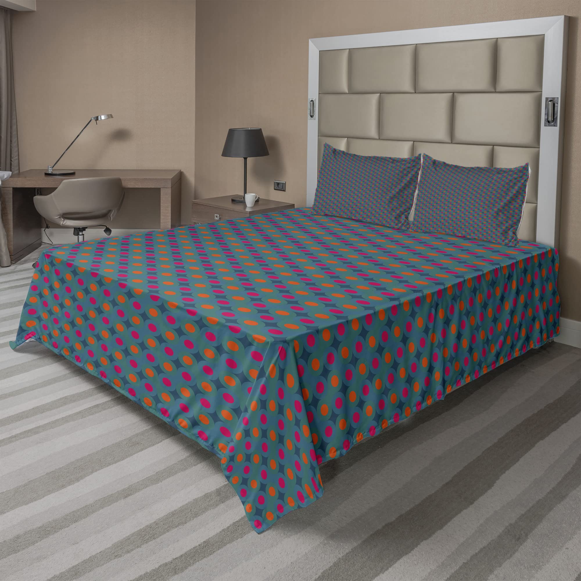 Ambesonne Abstract Polka Dot Sheet Set - 4 Piece King Size Bedding Set with Fitted Sheet, Flat Sheet & Pillowcases - Retro Inspired Petrol Blue & Magenta Design - Perfect for Modern Bedrooms, Guest Rooms & Dorm Decor