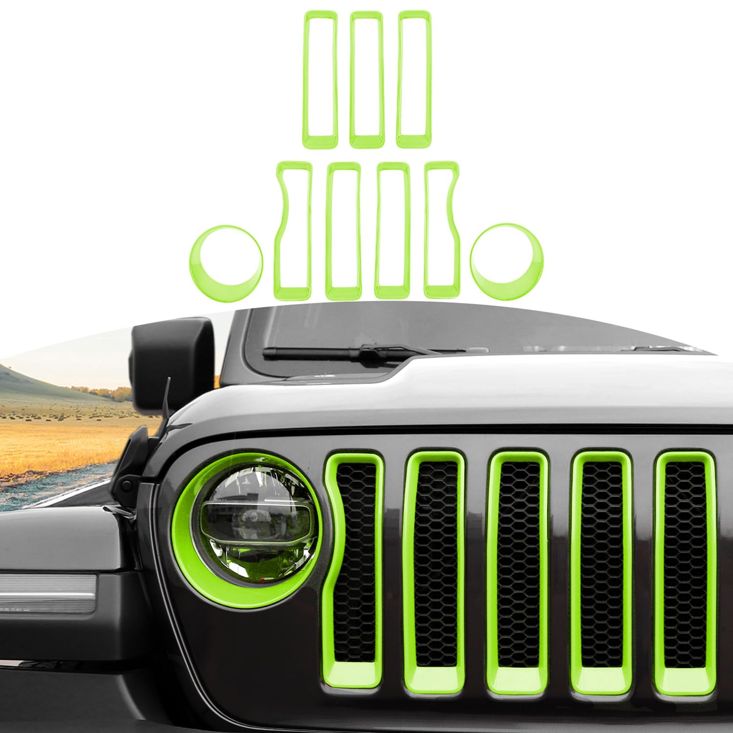 RT-TCZ Mesh Front Grille Grill Insert & Headlight Cover Trim for Jeep Wrangler JL/JLU (2018-2022) - 9-Piece Green Exterior Accessories Kit for Off-Road Protection & Style Enhancement