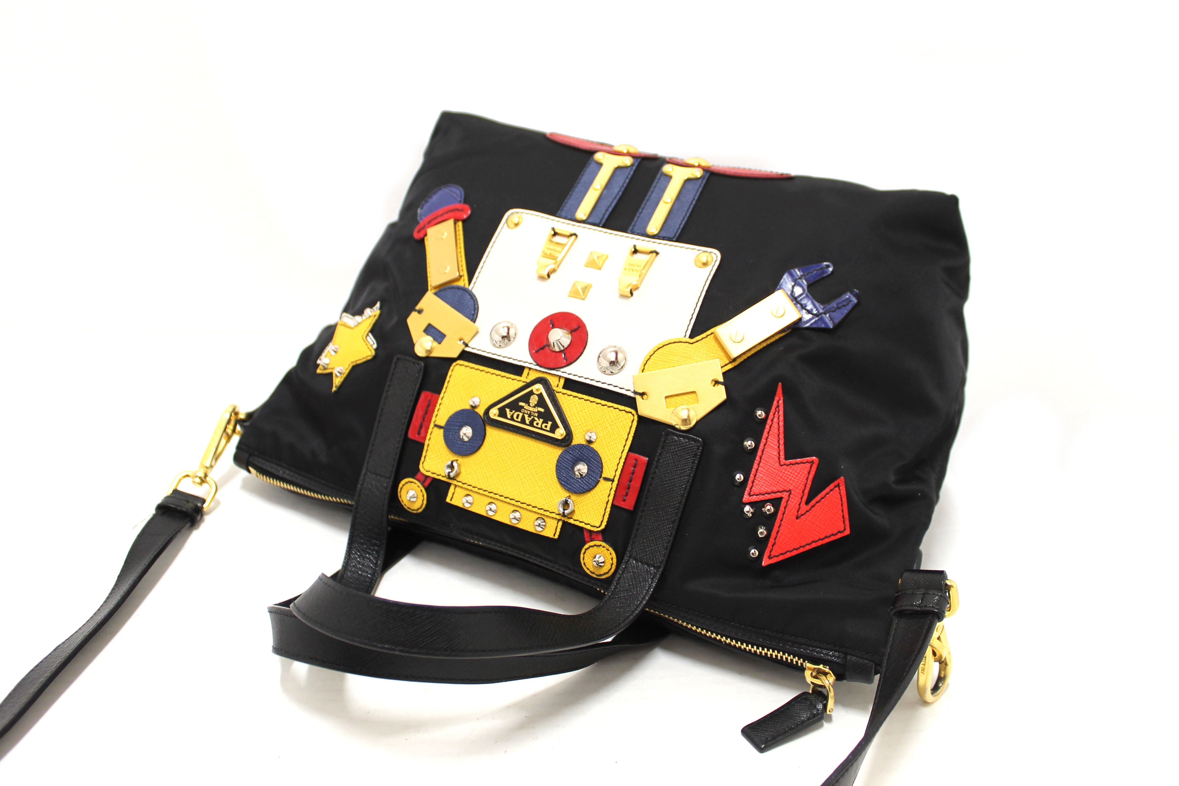 Authentic Prada Black Tessuto Nylon Robot Tote Bag for Women | Luxury Designer Handbag for Work, Travel & Everyday Use