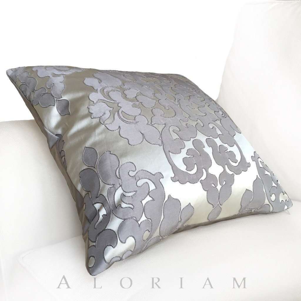 Silver Gray Damask Floral Satin Decorative Throw Pillow Cover - Elegant Home Decor for Sofa, Bed, Couch & Living Room