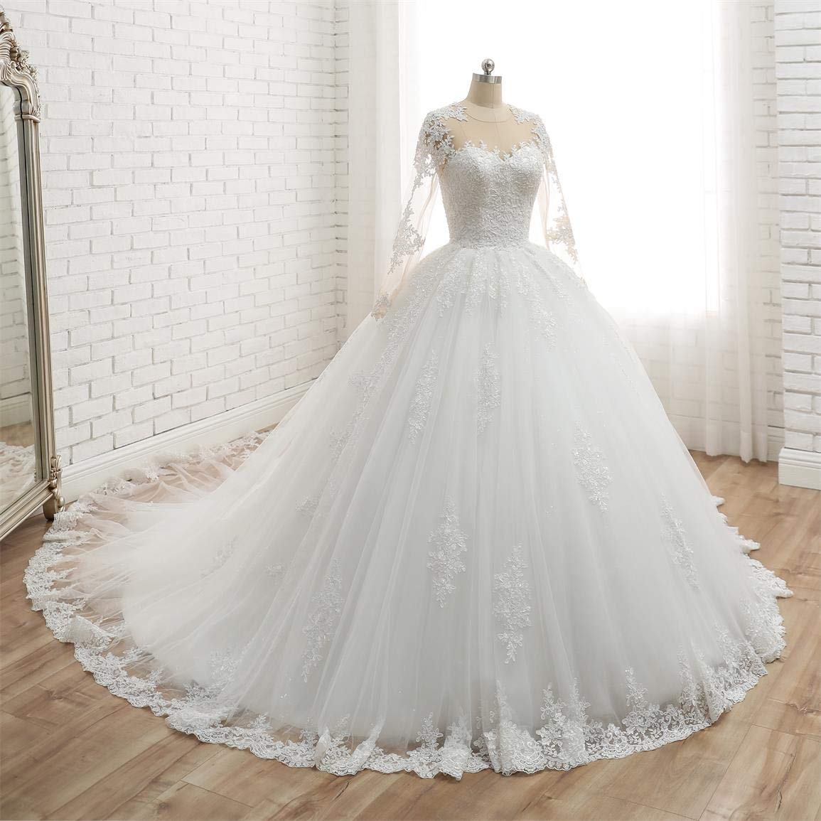 Elegant Long Sleeve A-Line Bridal Gown with Beaded Lace Detailing - Ivory Plus Size Wedding Dress with Train (20+) | Perfect for Beach Weddings, Formal Ceremonies & Romantic Photos