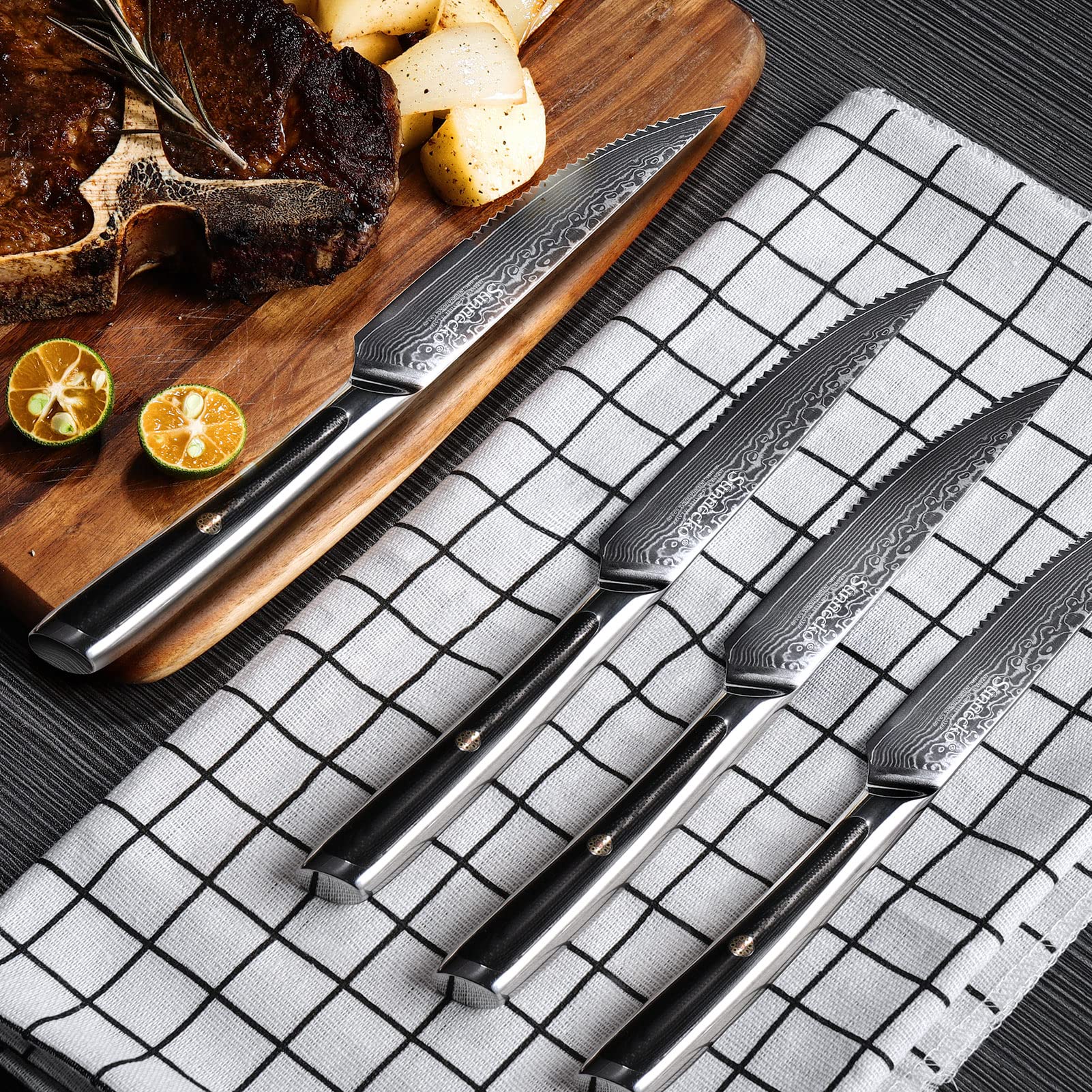 Premium Damascus Steel Steak Knives Set of 4 - Japanese VG10 Stainless Steel, Serrated 5