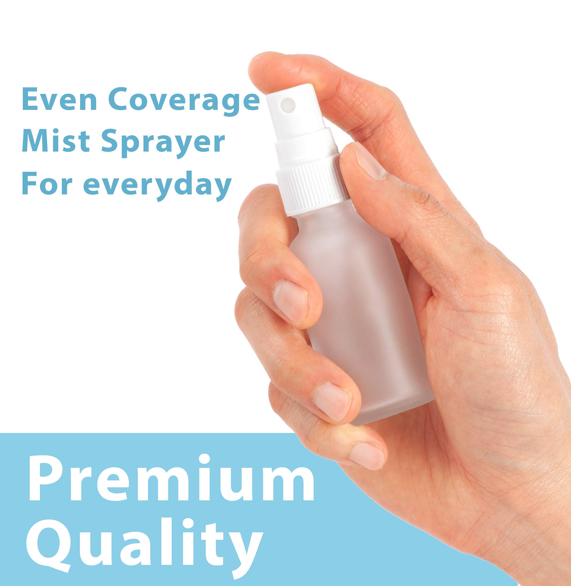 1 oz Frosted Clear Glass Boston Round Bottle with White Fine Mist Spray (4 Pack) + Funnel - Perfect for Essential Oils, Perfumes, DIY Beauty & Travel Size Liquids