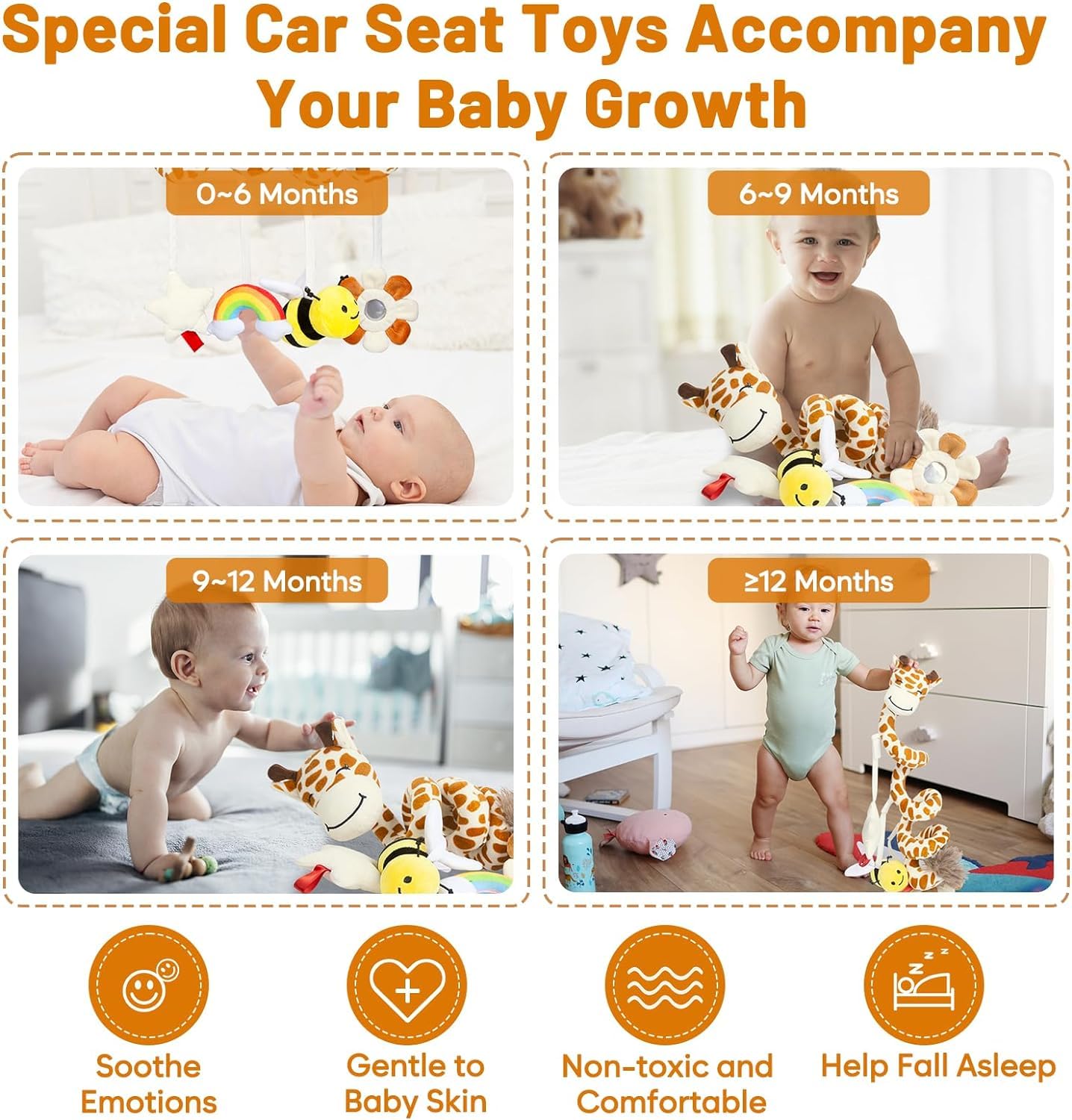 Soft Spiral Stuffed Giraffe Car Seat Toy for Babies 0-6 Months - Hanging Stroller Activity Toy with Bee Rattle, Flower Mirror, Rainbow Cloud & Star Bibi - Perfect Baby Shower Gift for Newborns & Infant Car Seat Entertainment