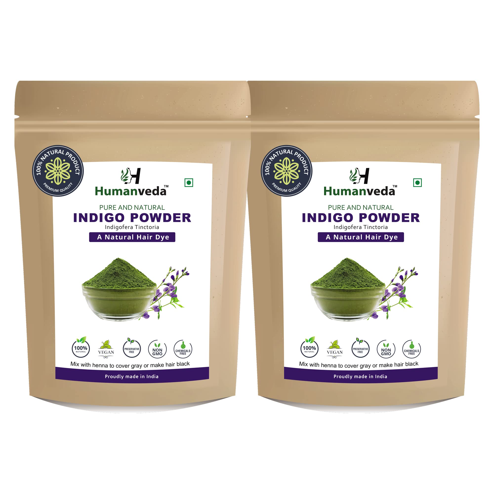 Humanveda Pure Indigo Powder 100g (Pack of 2) - Natural Hair Dye for Black, Brown & Blue Color | Indigofera Tinctoria | Safe for Hair & Beard Coloring | DIY Organic Hair Treatment at Home