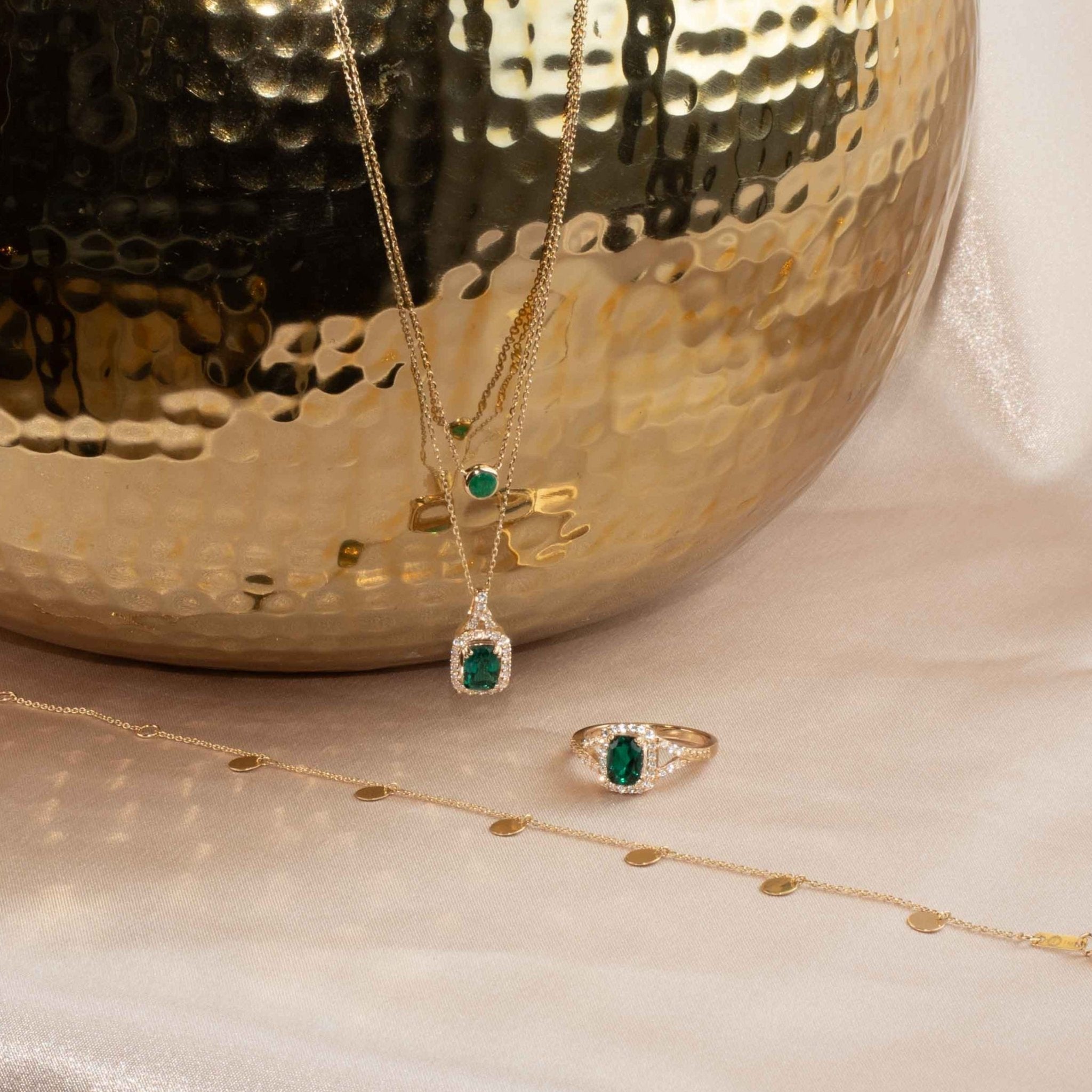 Cushion Cut Emerald Ring with White Sapphire Halo & Split Shank in 10K Yellow Gold | Elegant Engagement, Wedding, Anniversary Jewelry Gift for Her
