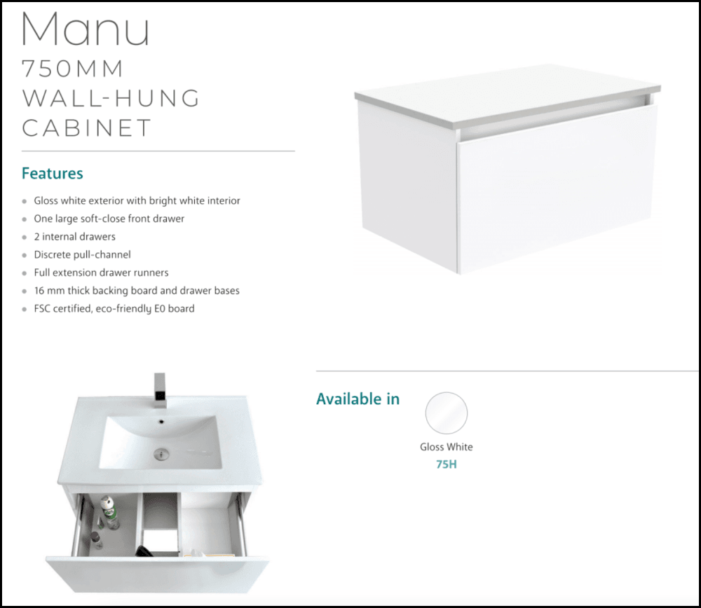 Fienza 750mm SC75H Crystal Pure Undermount Stone Top Wall Mounted Bathroom Vanity Unit in White - Modern Space-Saving Design for Small Bathrooms & Powder Rooms