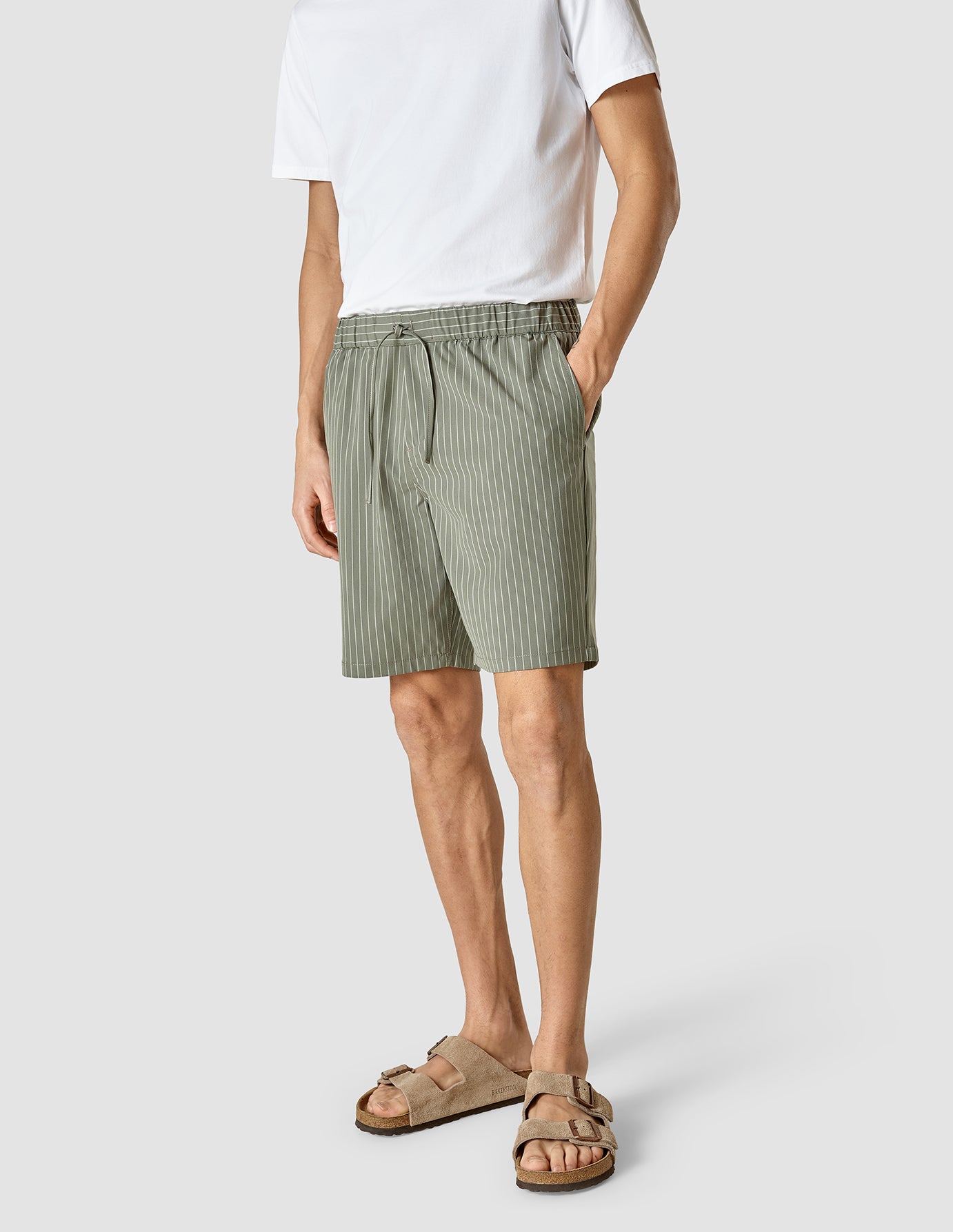 Tech Linen Elastic Waist Shorts for Women - Green Pinstripe Pattern - Comfortable Summer Casual Wear for Beach, Travel and Lounge