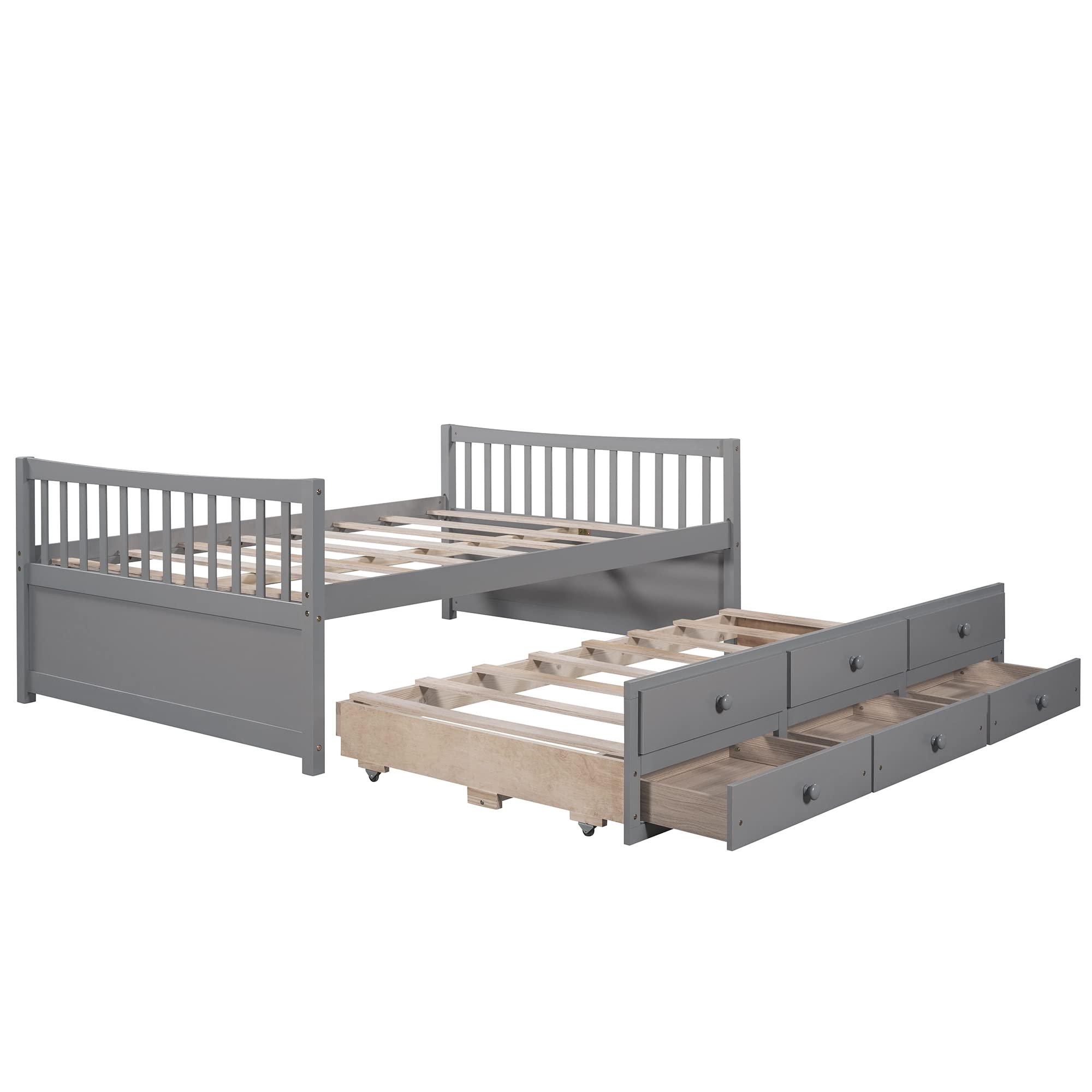 Rhomtree Full Size Wooden Daybed with Twin Trundle and Storage Drawers - Grey Captain's Bed for Kids, Teens & Guest Rooms | Space-Saving Bedroom Furniture for Small Spaces & Sleepovers