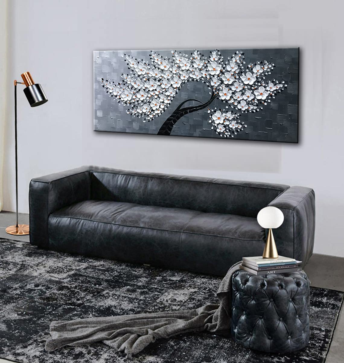 JELRINR Handmade Original Large Contemporary Oil Painting on Canvas - White Flower Tree Abstract Wall Art for Living Room Decor (24x60 Inches) | Perfect for Modern Home, Office & Gallery Display