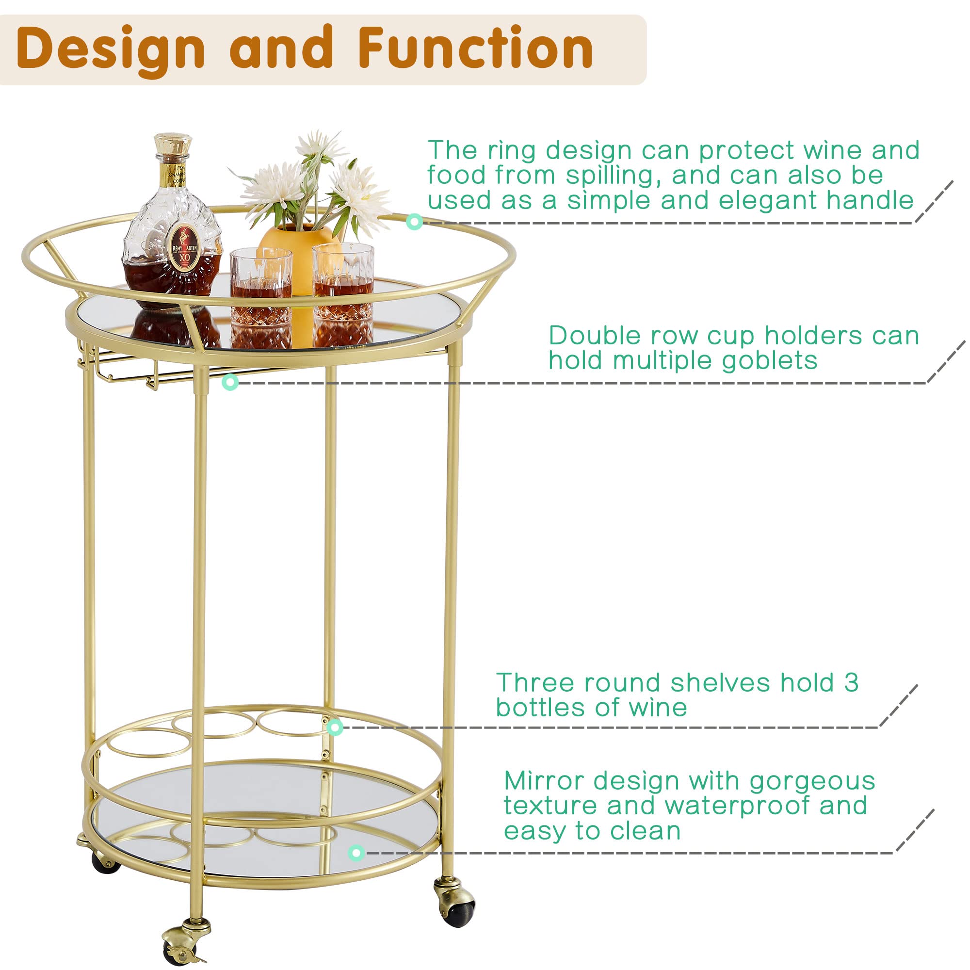 Gold Rolling Bar Cart with 2 Mirrored Shelves & Lockable Casters - FLORA Round Serving Cart for Wine, Kitchen, Living Room | Mobile Storage Solution for Parties, Home Decor & Entertaining