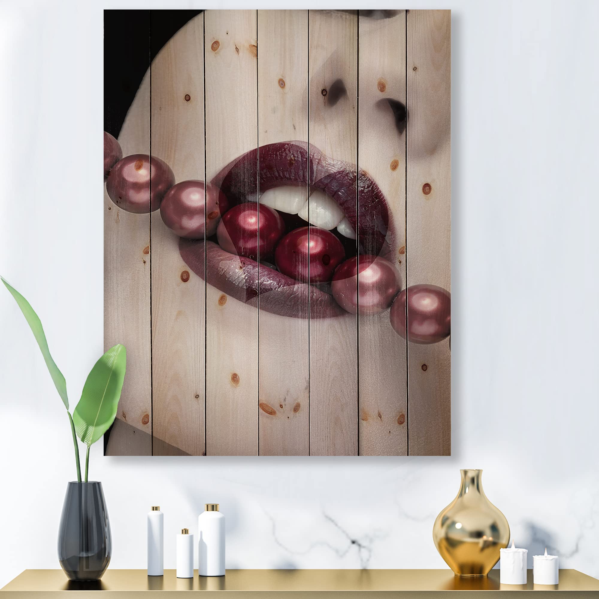 Heart Pearl Lips Wood Wall Art - Purple Contemporary Decor for Living Room