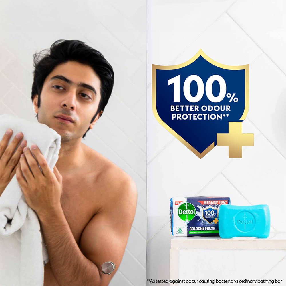 Dettol Cologne Fresh Bathing Soap Bar - 100g (Pack of 4) | 100% Better Odor Protection, Antibacterial & Refreshing | Ideal for Gym, Travel & Daily Hygiene
