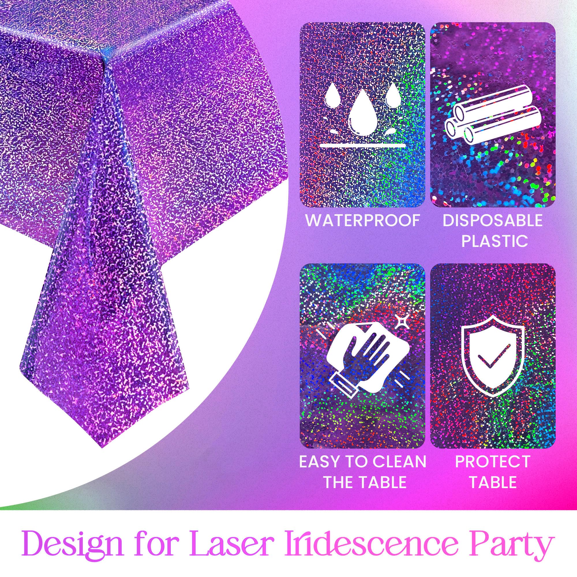 Sparkling Holographic Laser Tablecloth - Waterproof & Easy Clean Party Decor for Bachelorette, Birthday, Wedding, Anniversary - Perfect for Indoor/Outdoor Events & Photo Backdrops (Purple, 1 Count)
