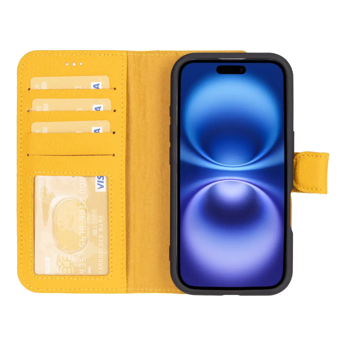 Premium Yellow Leather Wallet Case for iPhone 16 (6.1