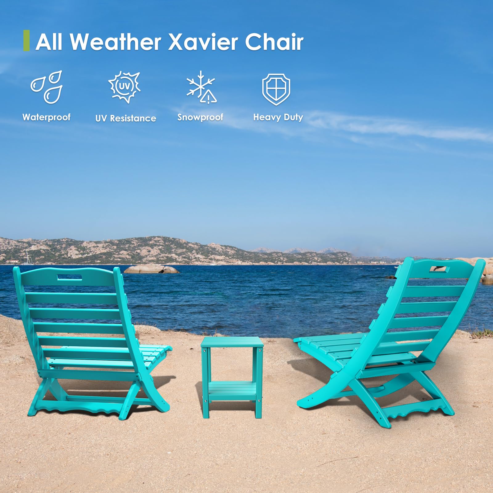4-Pack Folding Xavier Chairs | Wave Design HDPE Plastic Adirondack Chairs | All-Weather Outdoor Chairs for Beach, Poolside, Deck, Garden, Patio & Camping | Portable Fire Pit Seating | Aqua Blue Color