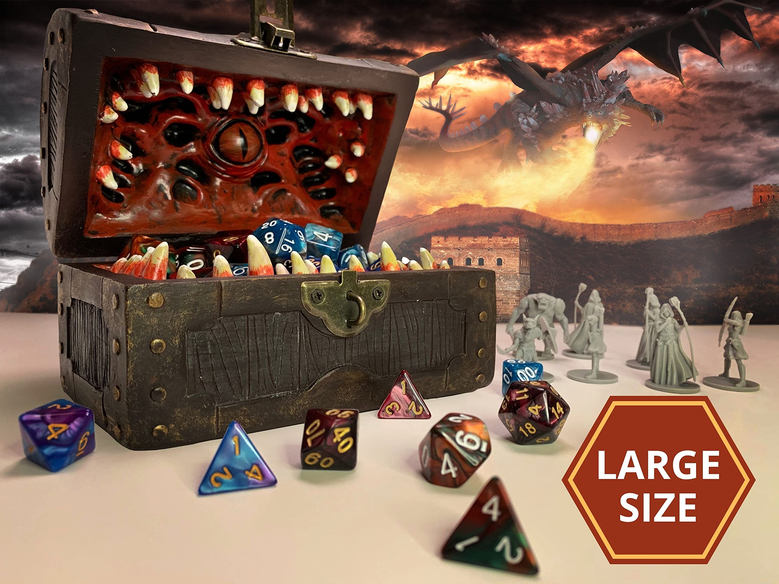 Galdor's Guild Mimic Chest Dice Storage Box with Free Lock & Key - D&D Dice Holder for Dungeons & Dragons Players & DMs - RPG Gaming Accessory - Fits 6 Polyhedral Dice Sets (Large) - Perfect for Tabletop Gaming, D&D Sessions & Collectors Display