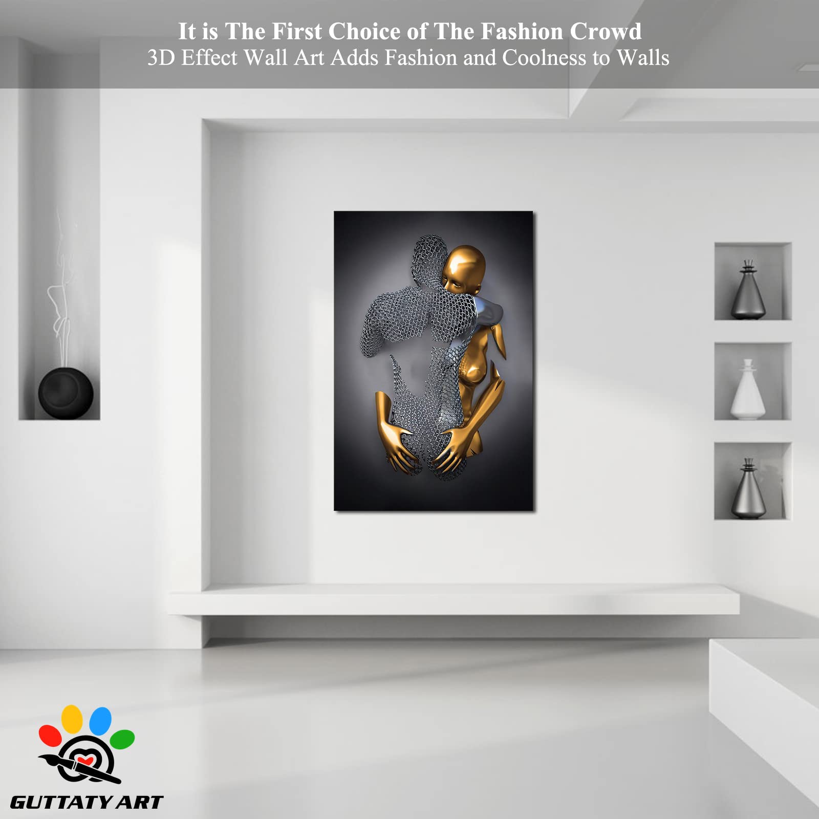 3D Metal Effect Love Heart Gray Canvas Wall Art - Romantic Hugging Couple Painting for Bedroom & Living Room - Modern Home Decor - Valentine's Day Gift for Couples (32x48 Inches) - Perfect for Anniversary, Wedding & Housewarming Presents