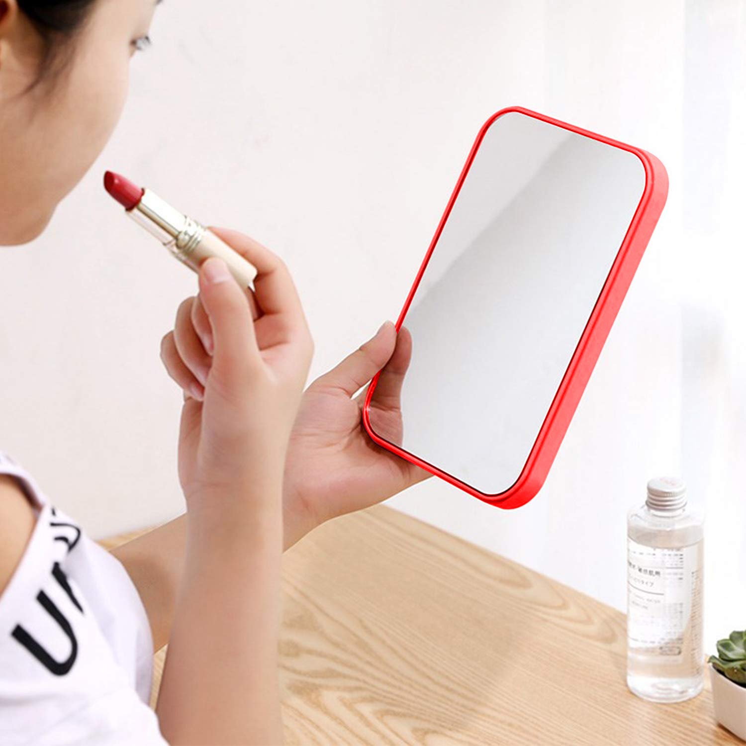 Coobbar Foldable Desktop Makeup Mirror - Portable Square Vanity Mirror with LED Lights for Women, Travel & Home Use (Red) | Perfect for Bedroom, Bathroom & Dorm Room Makeup Application
