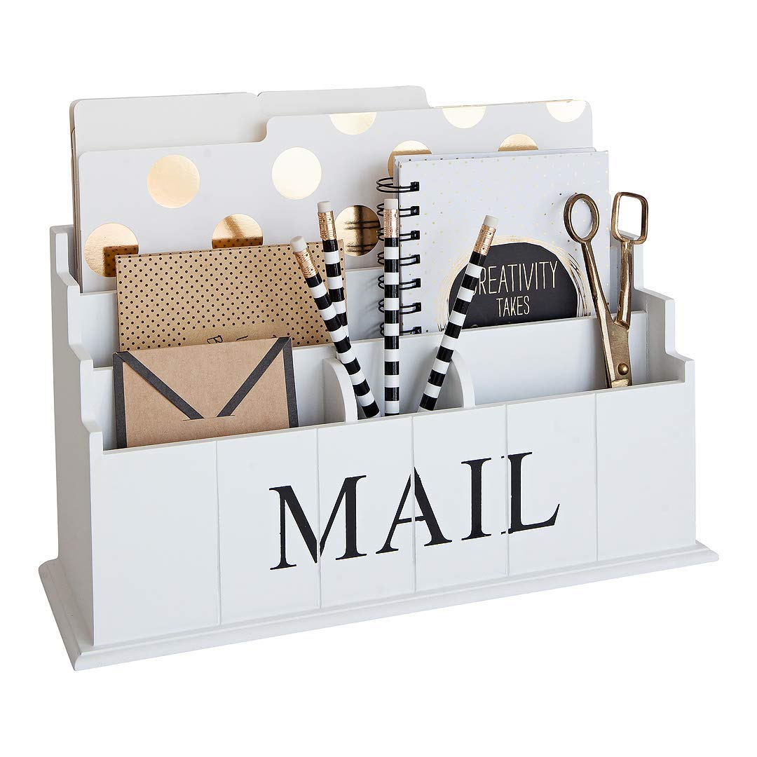 BLU MONACO 3-Tier White Wooden Mail Organizer - Rustic Country Style Desk Organizer for Kitchen Countertop, Office & Home Use - Perfect for Bills, Letters & Magazine Storage