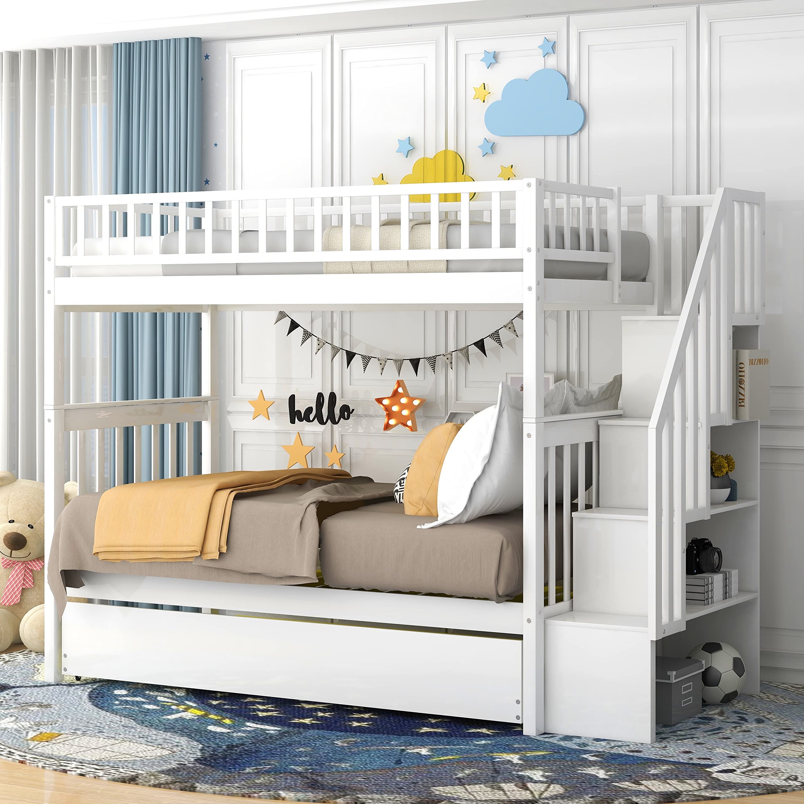 Harper & Bright Designs Twin Over Twin Bunk Bed with Trundle, Storage Shelf & Stairway - Solid Wood Kids & Teen Bunk Bed with Full-Length Guard Rail - Perfect for Small Bedrooms, Shared Kids Rooms & Sleepovers (White)