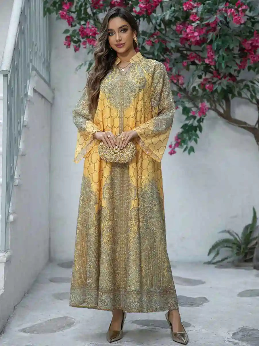 Elegant Hotfix Rhinestone Embroidery Caftan Dress for Women - Perfect for Eid Celebrations, Weddings & Special Occasions | Style #25450