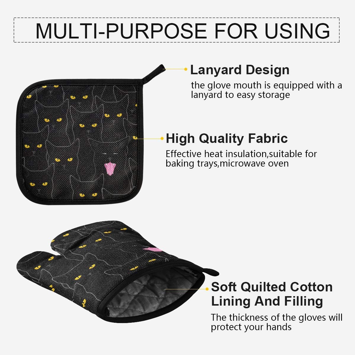**Heat Resistant Oven Mitts & Pot Holders Set - Non-Slip Cute Black Cat Design for BBQ, Baking, Cooking & Grilling - Perfect Kitchen Accessories for Safe & Stylish Cooking**