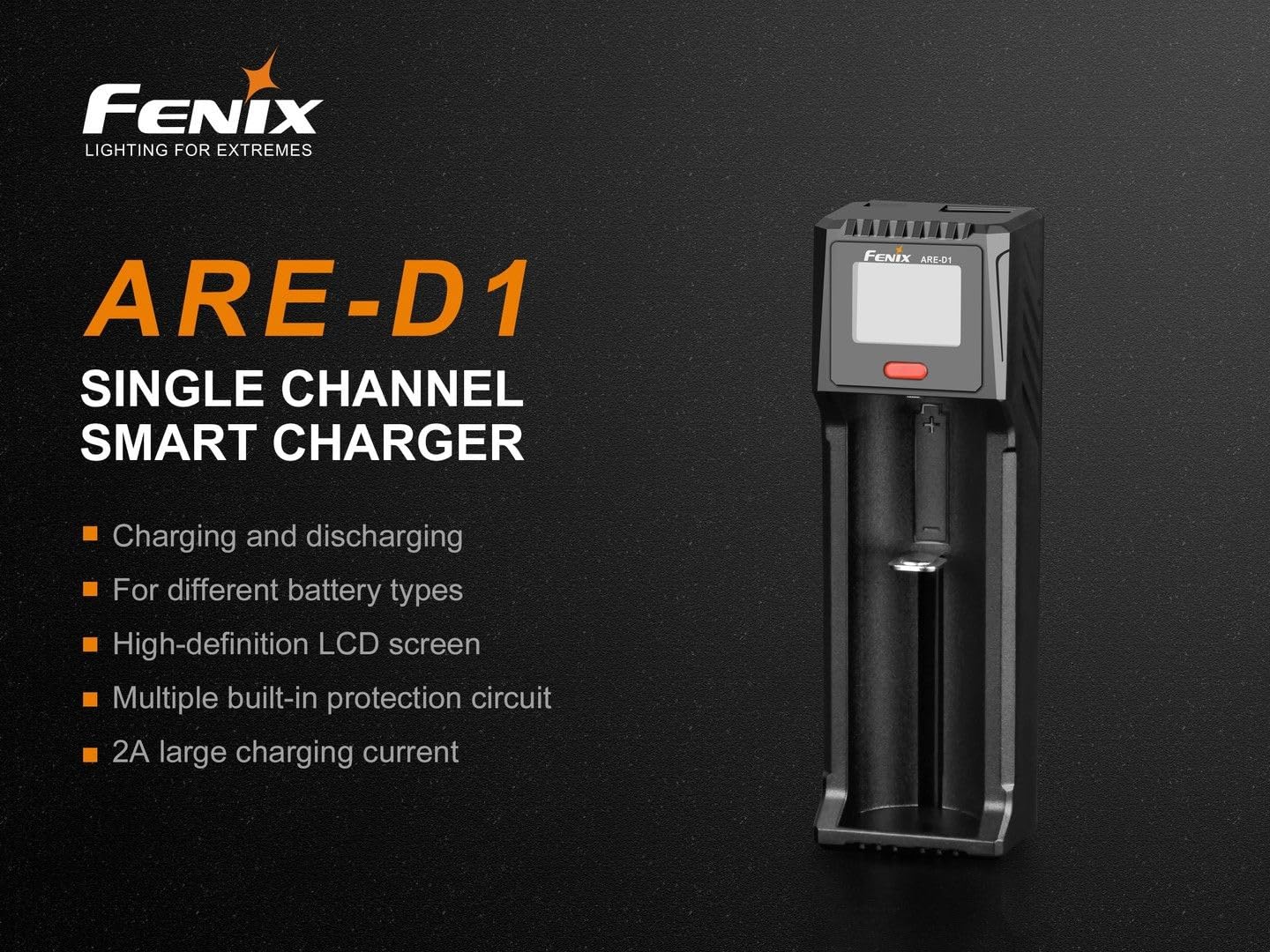 Fenix ARE-D1 Single Channel Smart Battery Charger for 18650 Li-ion Rechargeable Batteries - Perfect for Flashlights, Vapes, and Electronic Devices
