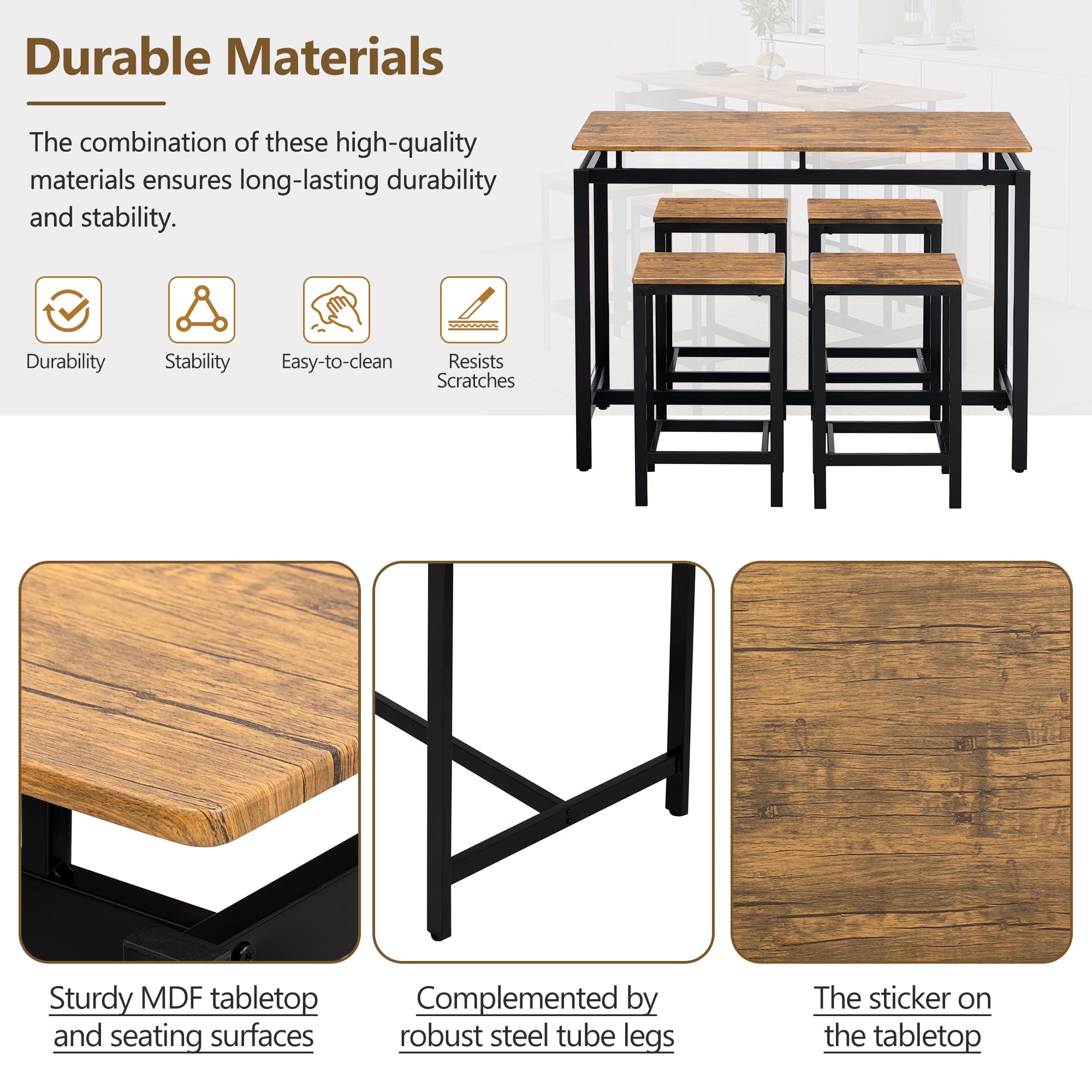 Modern 5-Piece Counter Height Pub Table Set with 4 Chairs, Brown - Perfect for Bars, Breakfast Nooks, Kitchens, and Small Dining Spaces