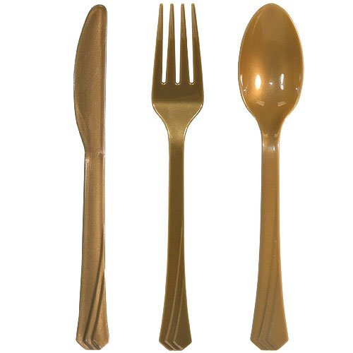 Tiger Chef 144-Pack Heavy Duty Plastic Cutlery Set - 48 Forks, 48 Teaspoons, 48 Knives in Black, White & Gold | Durable Disposable Silverware for Parties, Picnics, BBQs, Catering & Events