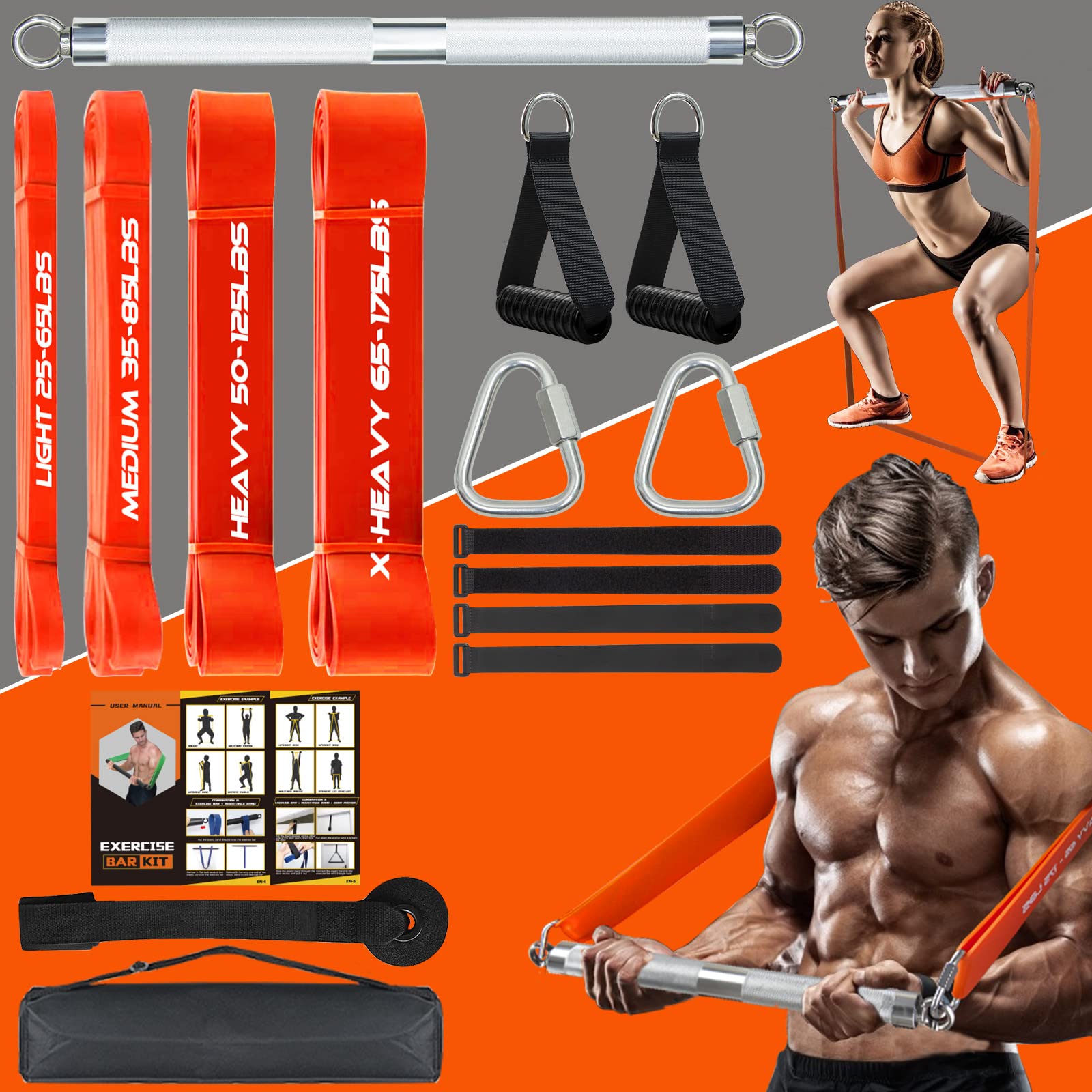 DASKING 500LBS Heavy Duty Resistance Band Bar Set with 4 Adjustable Stackable Bands - Portable Home Gym Equipment for Full Body Workout - Includes Exercise Guide (Ideal for Home Fitness, Strength Training & Muscle Building)