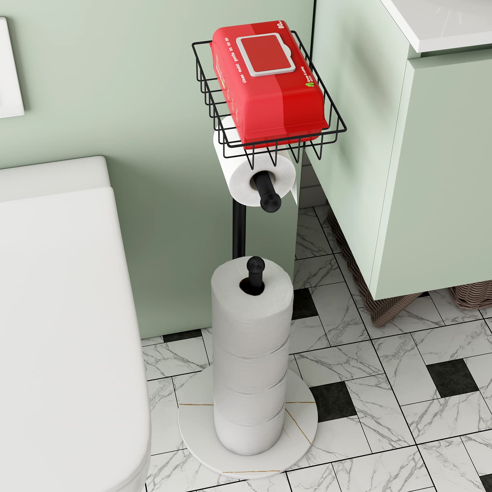 Free Standing Toilet Paper Holder Stand with Shelf - Modern Heavyweight Marble Base Bathroom Tissue Holder for Jumbo Rolls, Black - Perfect for Home, Office, and Guest Bathrooms