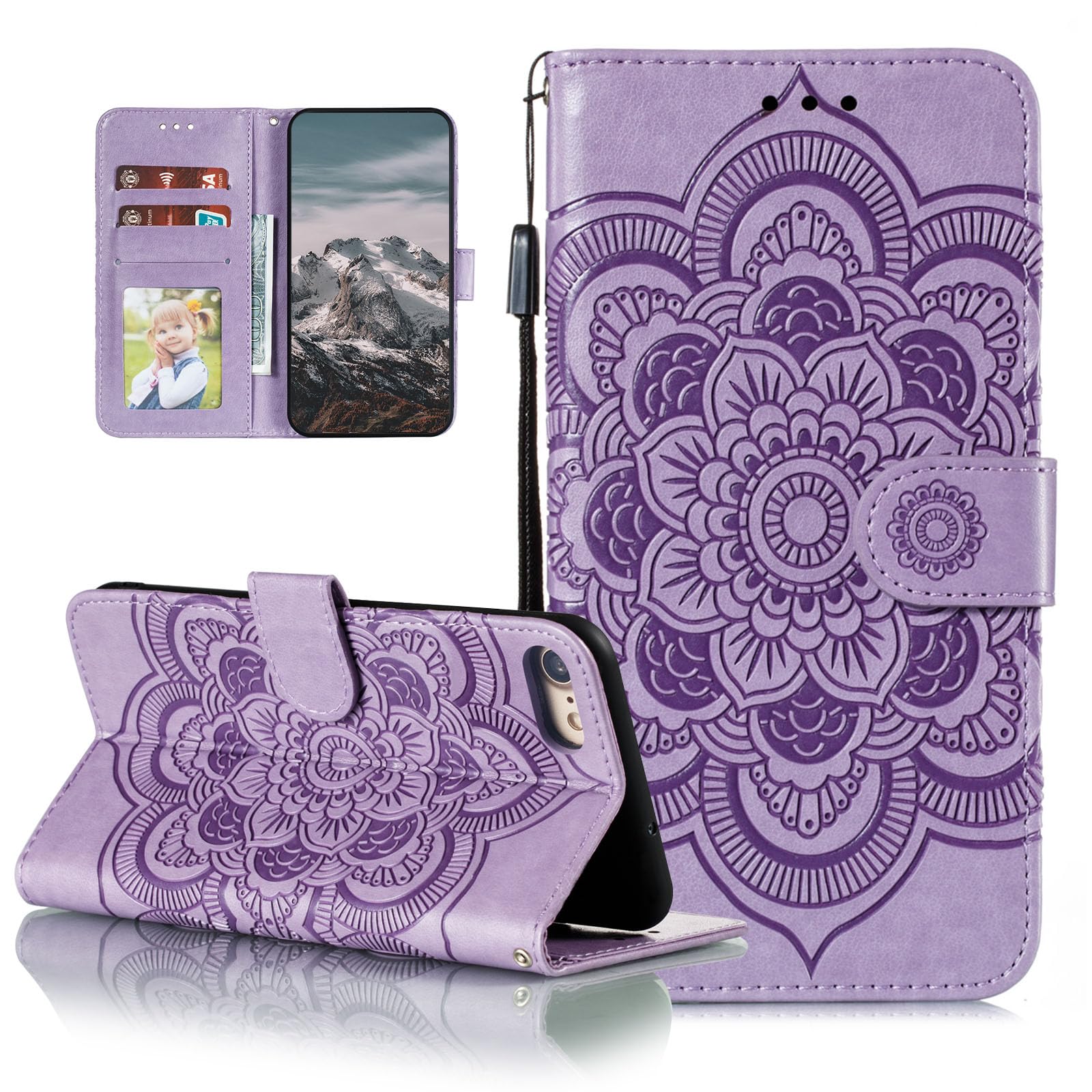 EYZUTAK Premium Leather Mandala Flip Wallet Case for iPhone SE (2022/5G), iPhone 7, iPhone 8, iPhone SE (2020) - Slim Magnetic Stand Cover with Card Slots & Lanyard, Embossed Purple Design - Perfect for Daily Use, Travel, and Business Meetings