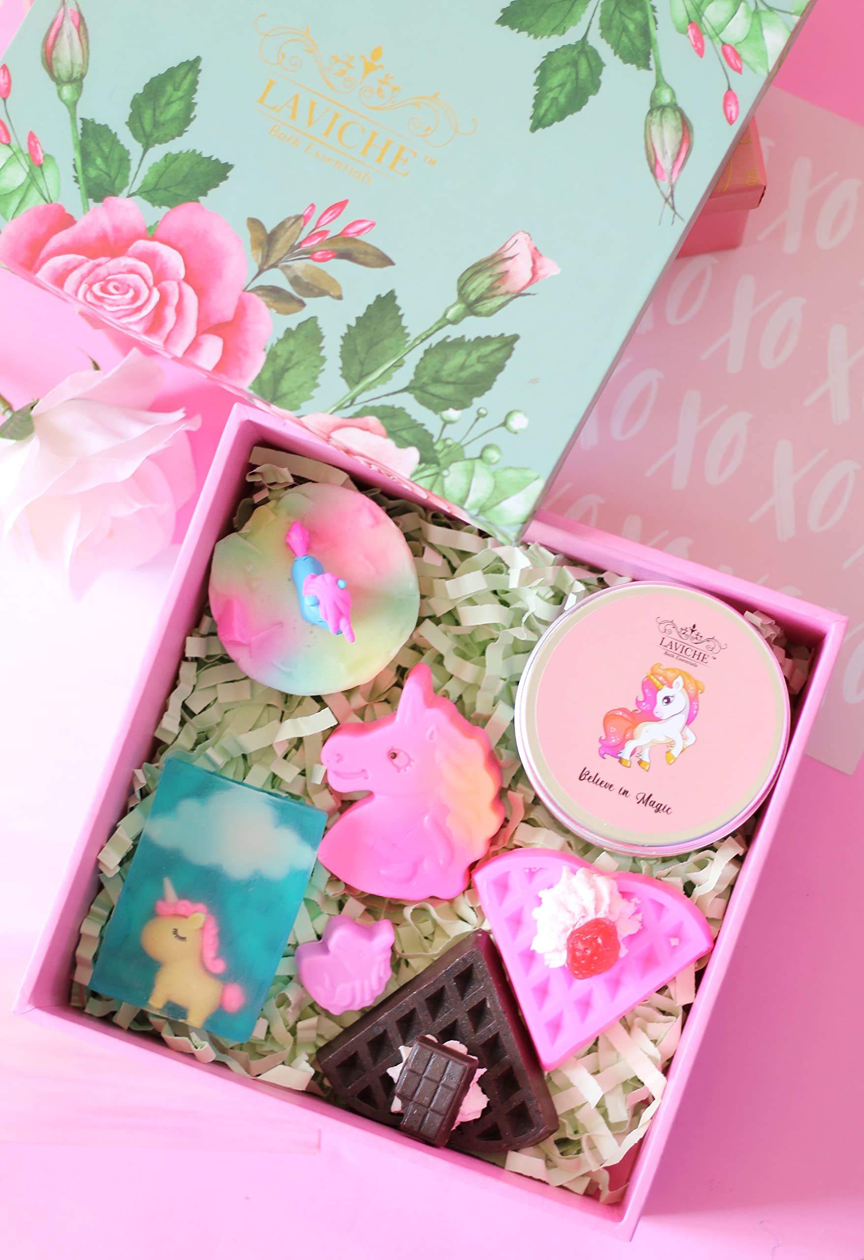Laviche Unicorn Bath Gift Set for Kids - Mini Soap Box, Family Soap, Cloudy & Eraser Soaps with Strawberry & Chocolate Waffles | Perfect Christmas Present for Girls | Fun Bath Time & Birthday Party Favors