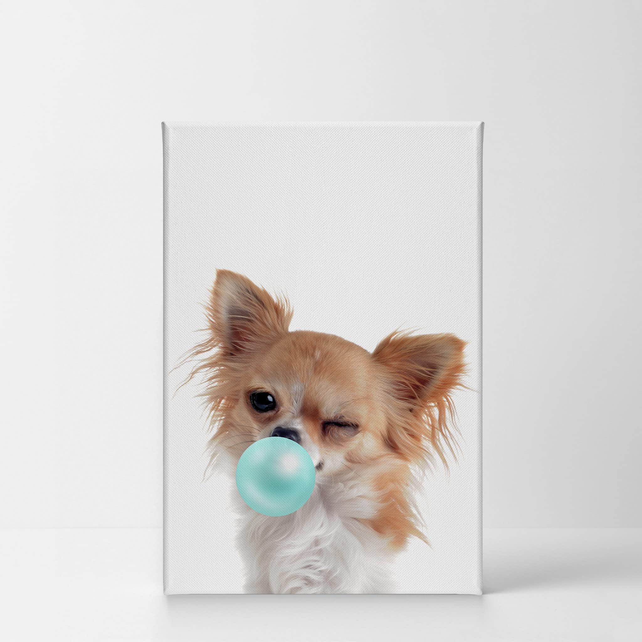 Chihuahua Dog Chewing Teal Blue Bubble Gum - Pop Art Canvas Wall Print - 36x24 - Perfect for Pet Lover Gifts, Office Decor, Living Room, Bedroom & Nursery Room - Funny Animal Art for Home & Kids Room Decoration