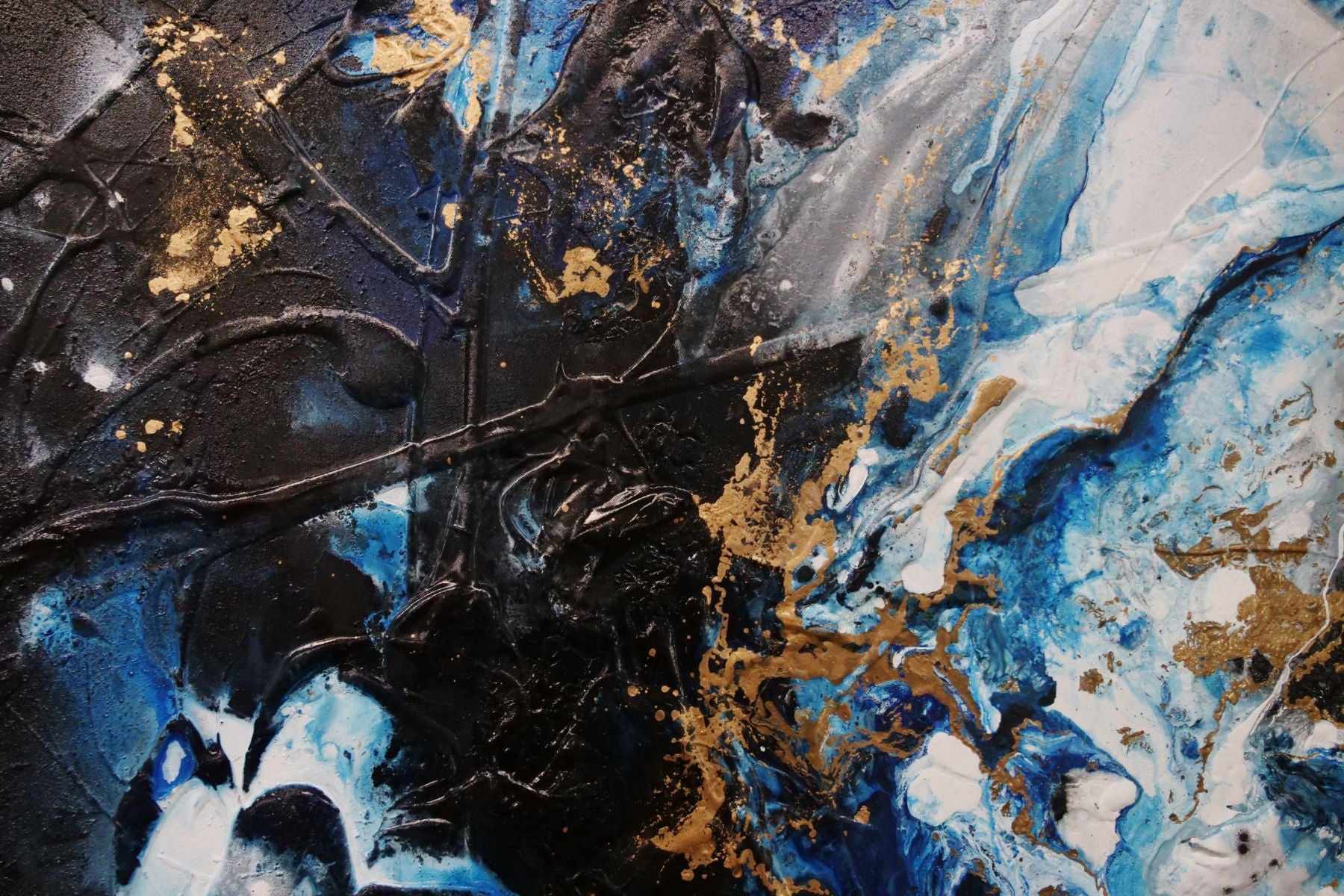Golden Midnight 190cm x 100cm Gold Blue Black Textured Abstract Canvas Wall Art - Modern Home Decor for Living Room, Bedroom & Office
