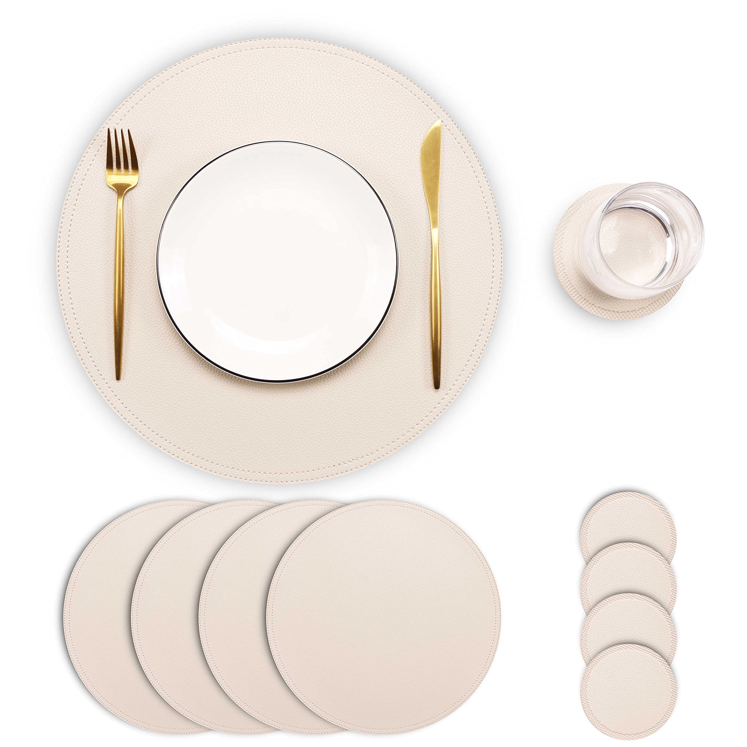 4-Pack Faux Leather Round Placemats & Coasters Set - Waterproof, Easy Clean Kitchen Dining Table Mats for Coffee, Breakfast, and Dinner Parties