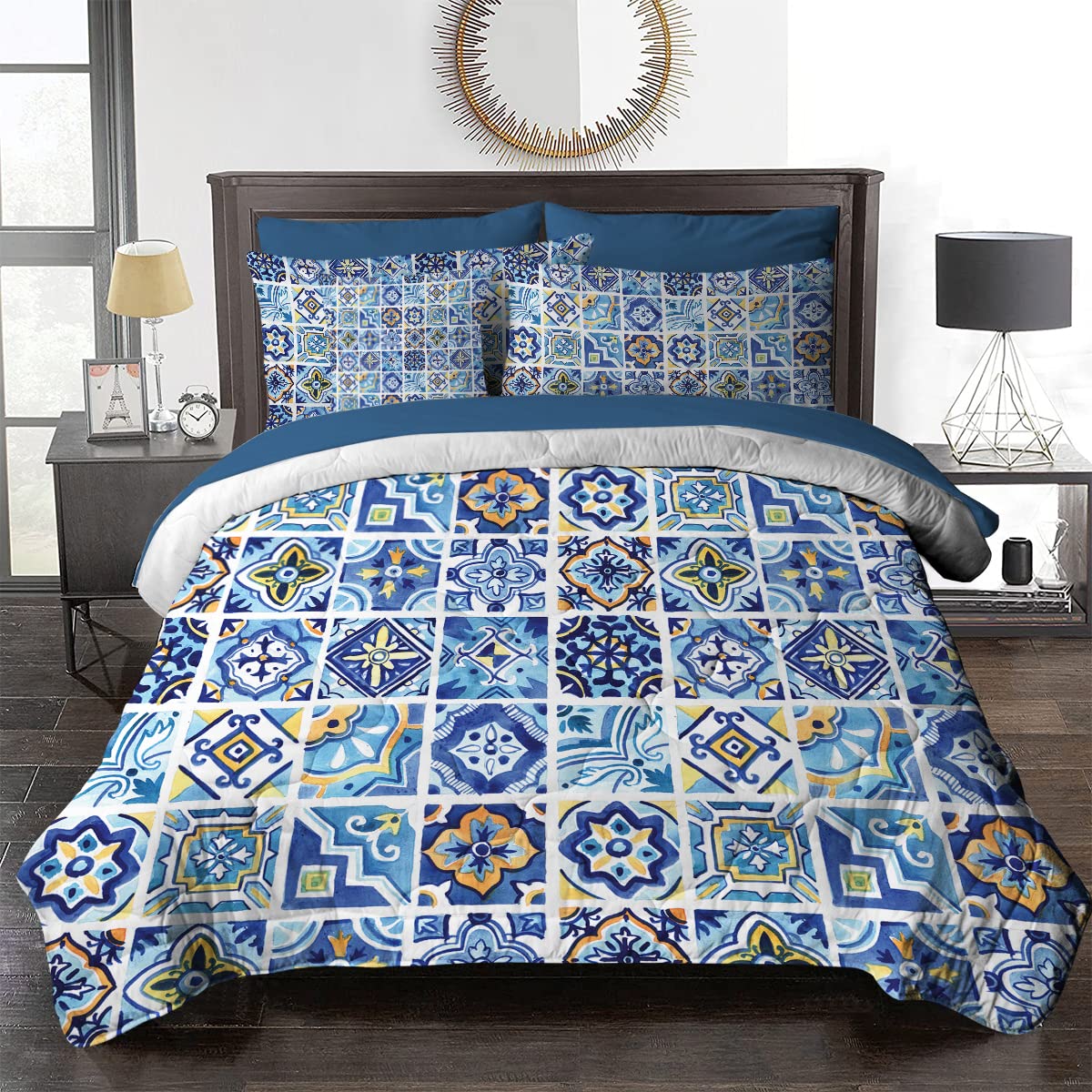 BlessLiving 8-Piece Mediterranean Tile Comforter Set - Full Size Navy & Yellow Down Alternative Bedding | All-Season Traditional Bed in a Bag with Comforter & Sheets | Perfect for Guest Rooms, Vacation Homes & Coastal-Themed Bedrooms