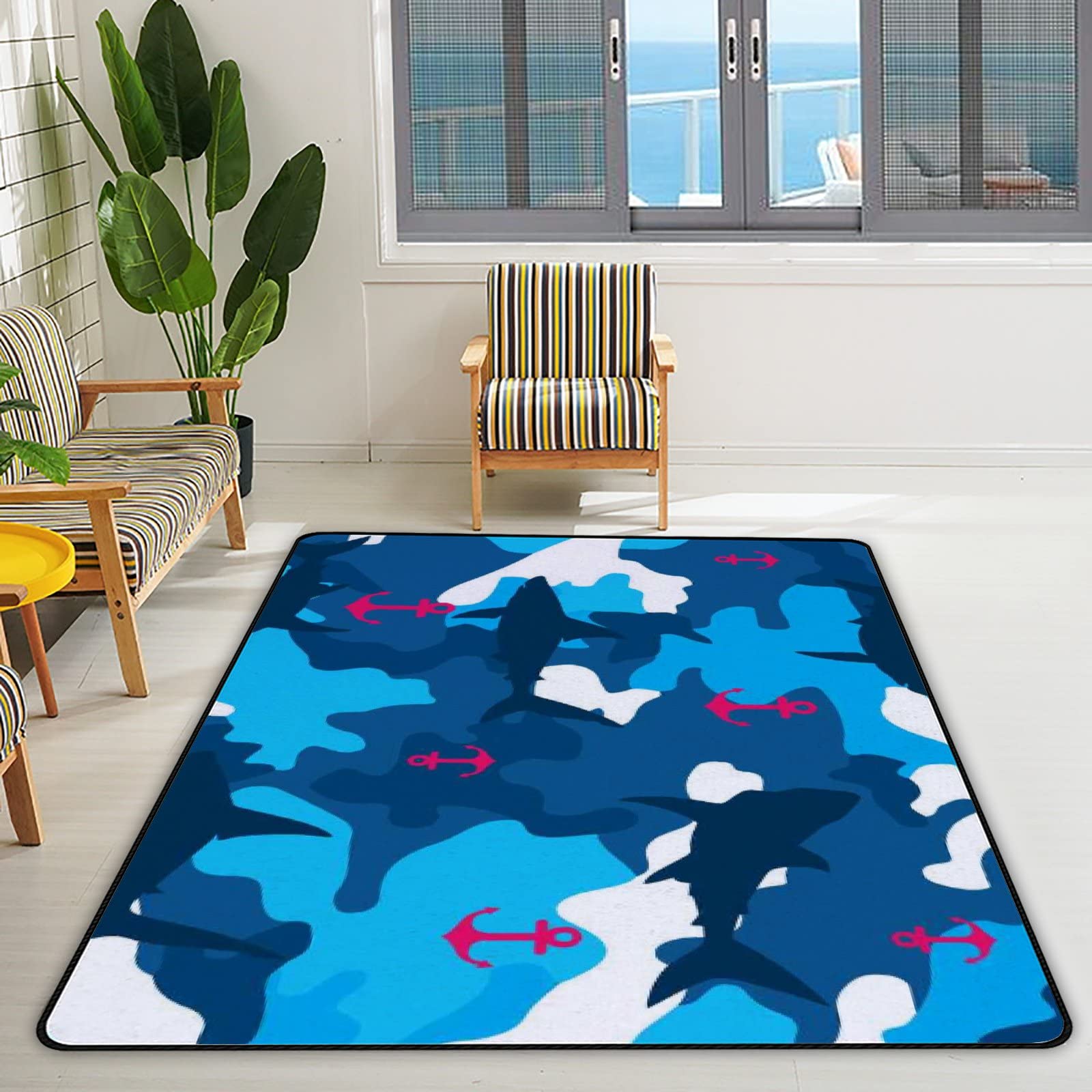 Non-Slip Shark Anchor Pattern Large Area Rug 60x39 Inch - Soft Floor Carpet for Living Room, Bedroom, Nursery & Playroom | Perfect for Kids Play Area, Yoga & Home Decor