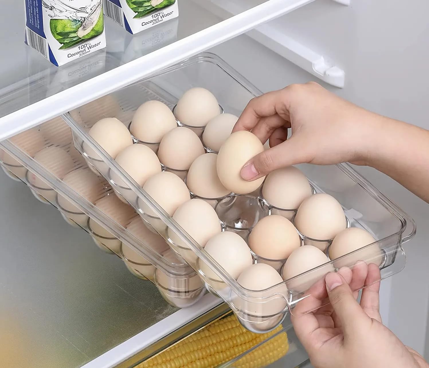 Kepzell Clear Acrylic Egg Storage Container - 18 Egg Capacity Refrigerator Organizer with Lid & Handles, Durable Unbreakable Plastic Egg Tray for Kitchen, Pantry, or Farm Use (Pack of 1)