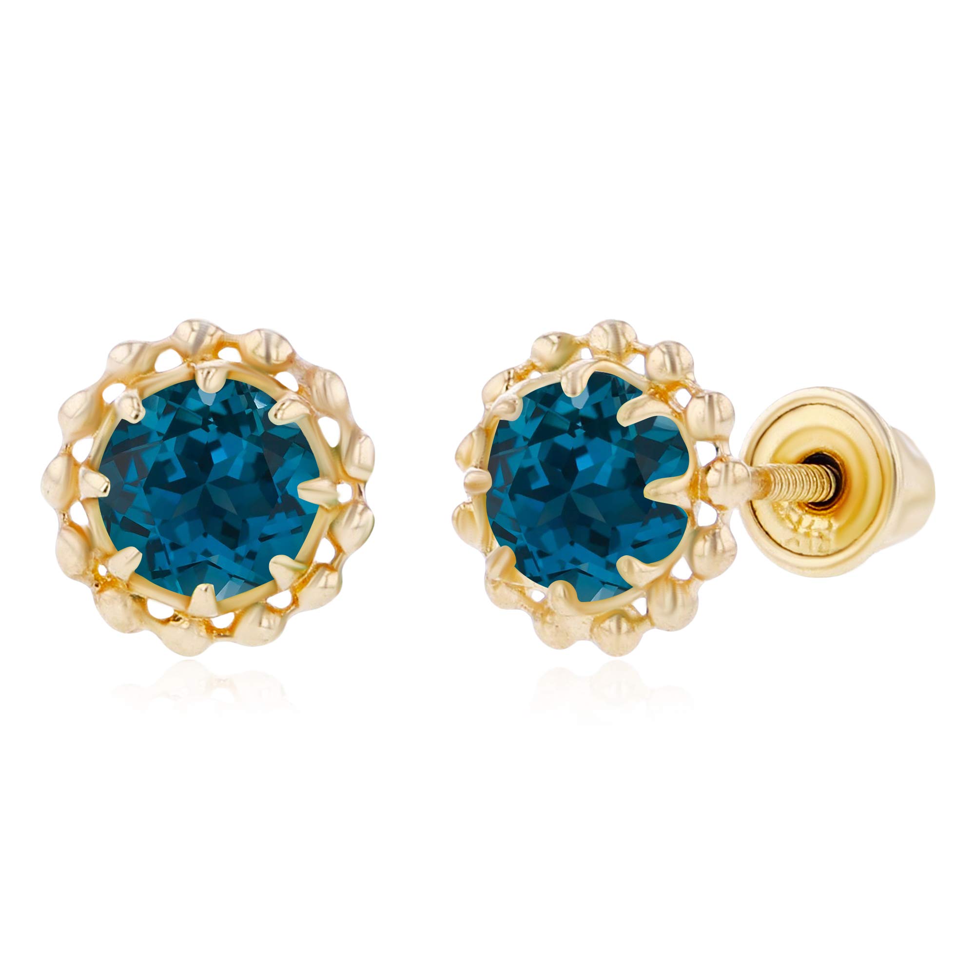 14K Gold Textured Halo Birthstone Stud Earrings for Women | 6mm & 4mm Round Screwback Earrings | Natural Gemstone Jewelry Gift for Mother's Day, Birthday & Anniversary